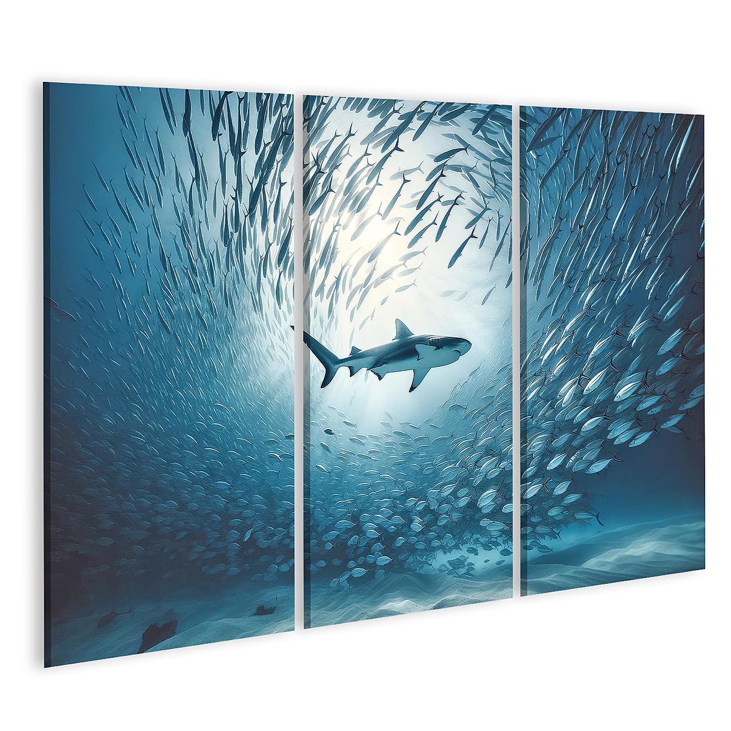 islandburner Cuadro sobre lienzo paz submarina tibia: tiburón envuelto por la luz de los peces cuadros mural póster