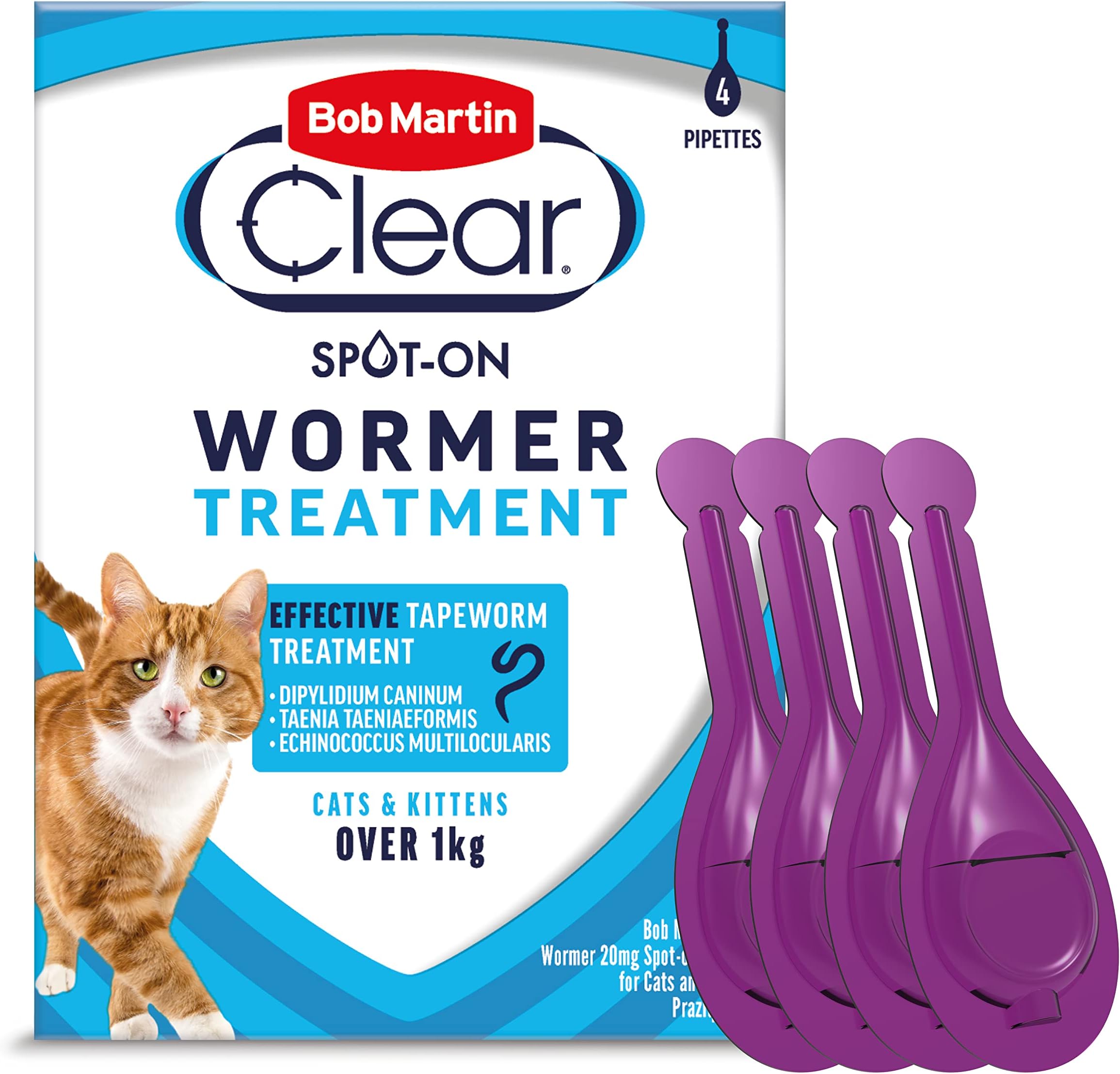 Bob Martin Clear Spot On Wormer for Cats & Kittens - 100% Effective Tapeworm Treatment (4 Pipettes)