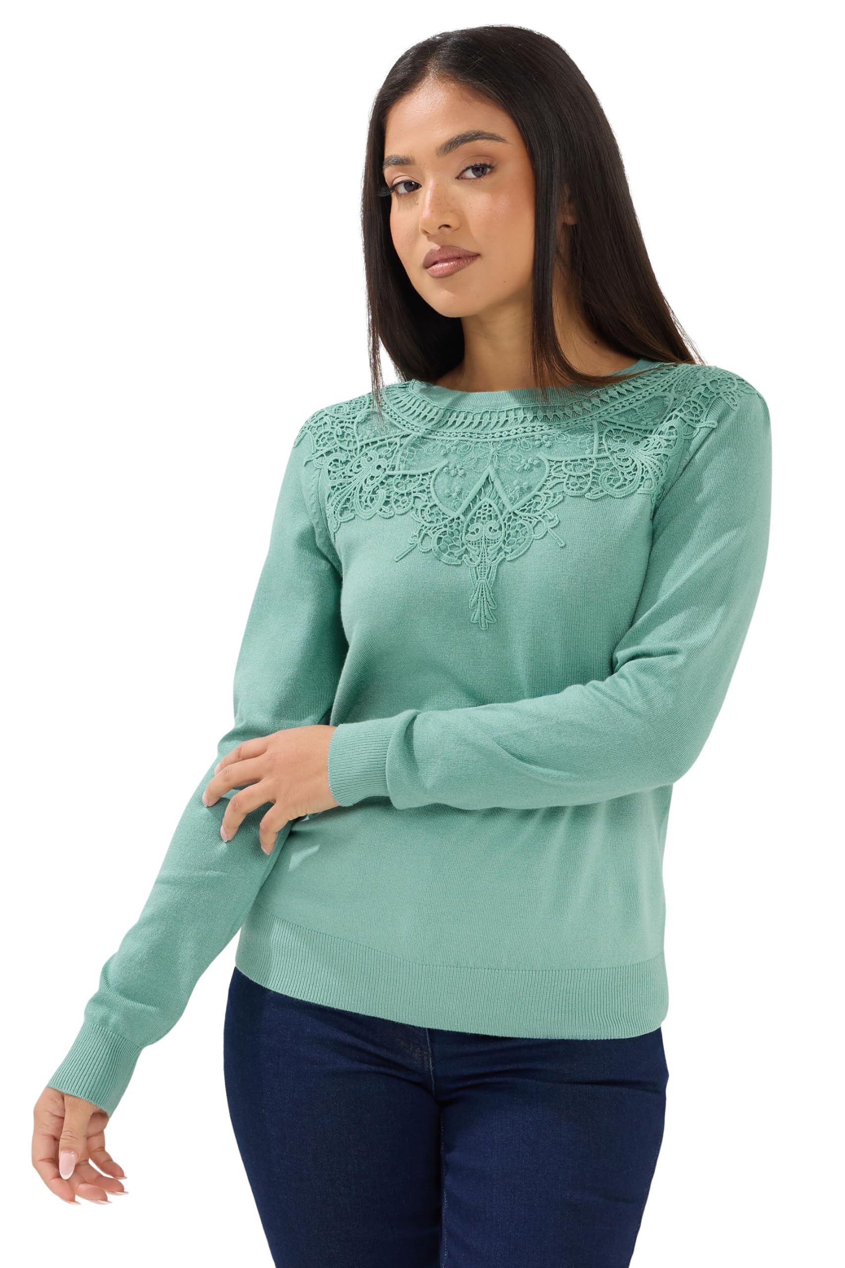 M&Co - Women's - Petite Jumper - Lace Trim - Green - 16-18