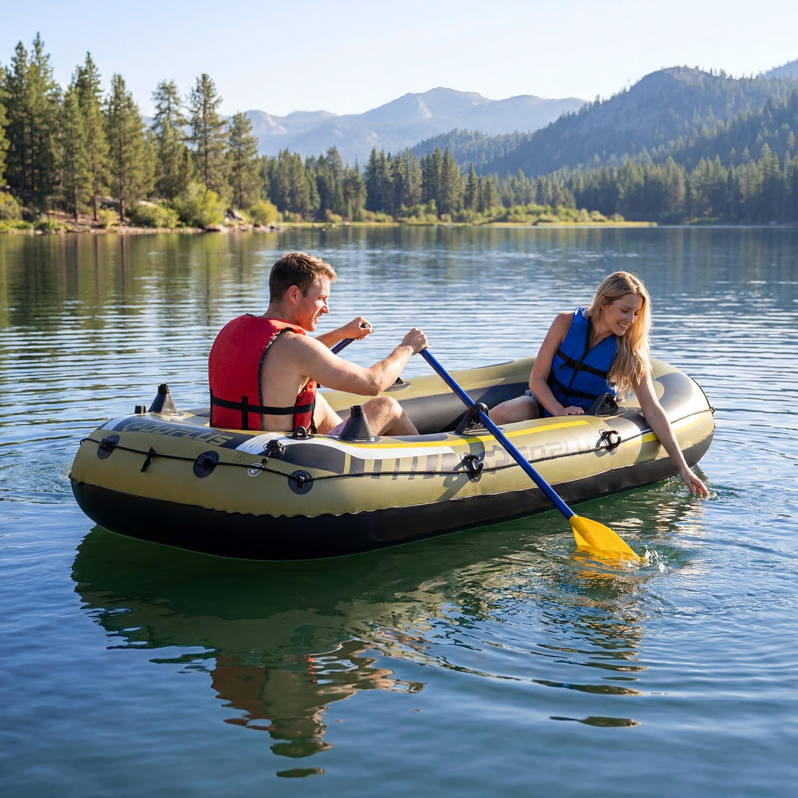 COSTWAY Schlauchboot für 2 Personen, aufblasbares Boot mit 2 Paddeln, Handpumpe, Fischmaßbändern & Angelrutenhaltern, 252 x 125 x 40 cm