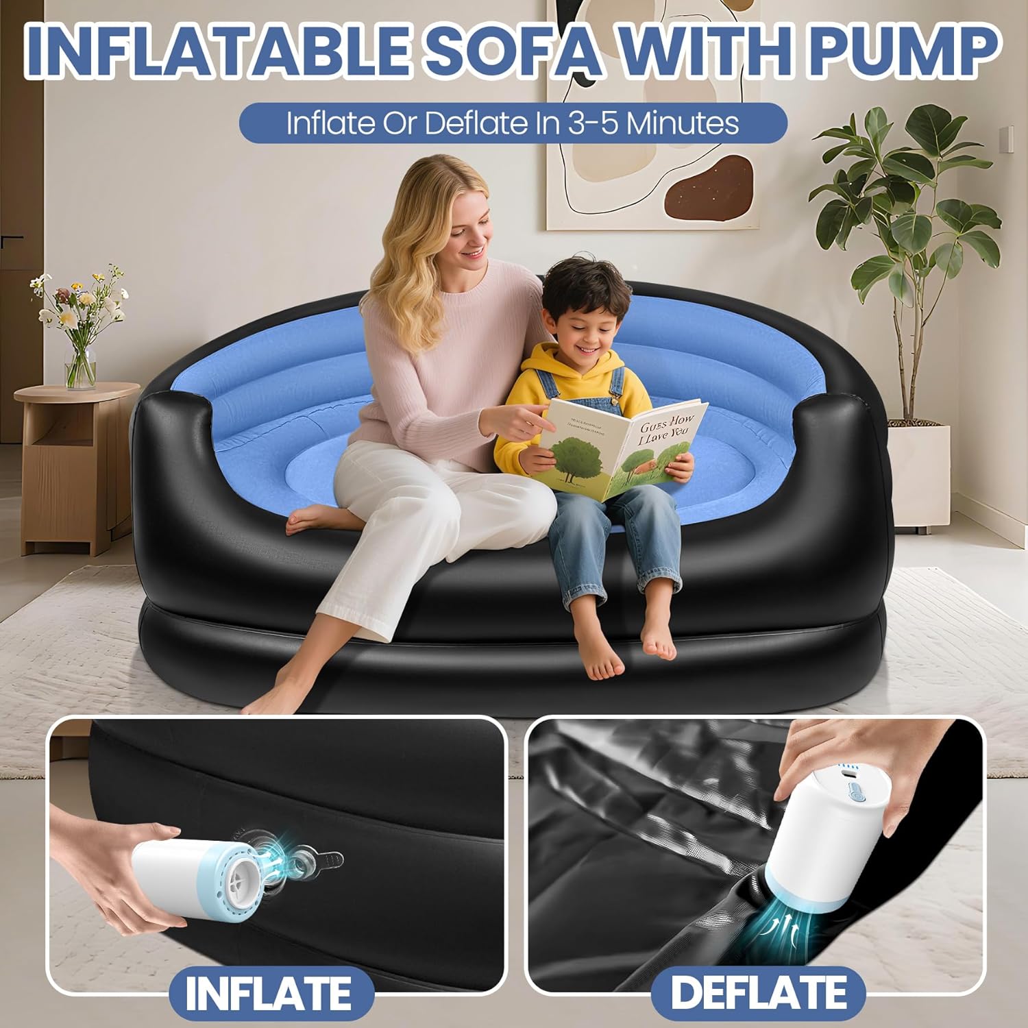 LanSuper Twin Size Inflatable Couch, Blow up couch with Pump,Flocked Surface Inflatable Chair for Adults, Portable Air Sofa Inflatable Couch, Waterproof Air Couch,Comfortable Blow up Couch for Camping