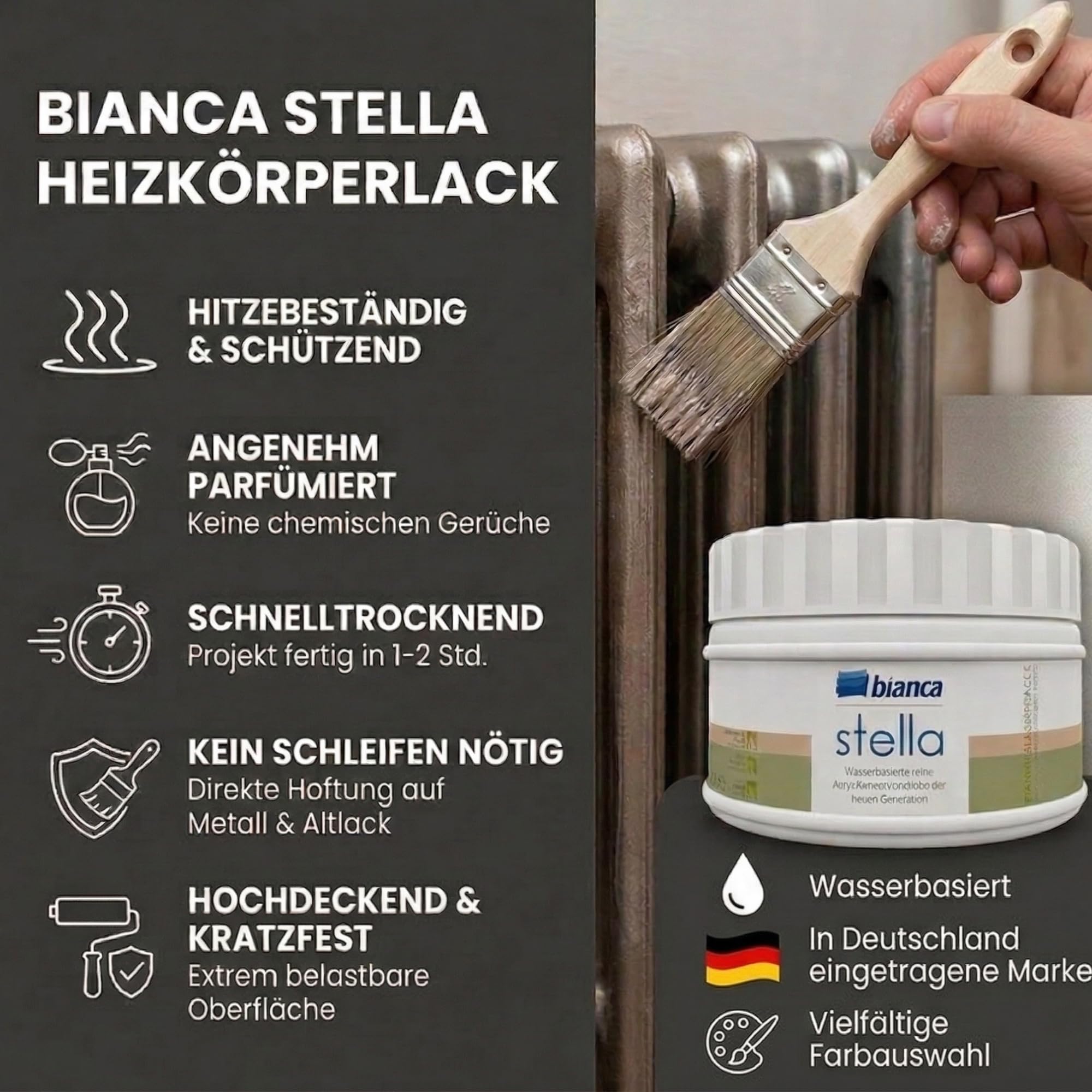 Bianca Stella Heizkörperlack 250ml, Metallic-Anthrazit & Wasserbasiert Seidenmatt 2K Schutzlack 600g - Wasserbasierter hitzebeständiger Lack für Heizkörper und Metalloberflächen