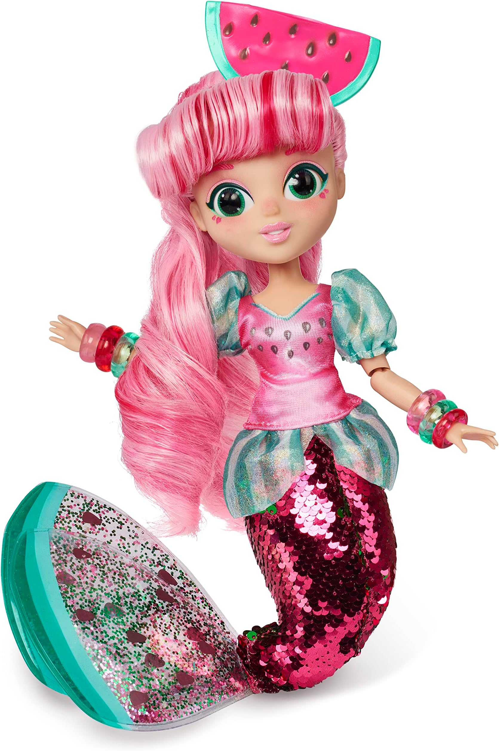Sunny Days Entertainment Fidgie Friends Watermellow Mermaid with Flip Sequin Tail | 10.5" Fashion Doll with Fidgets | Sensory Toys for Kids