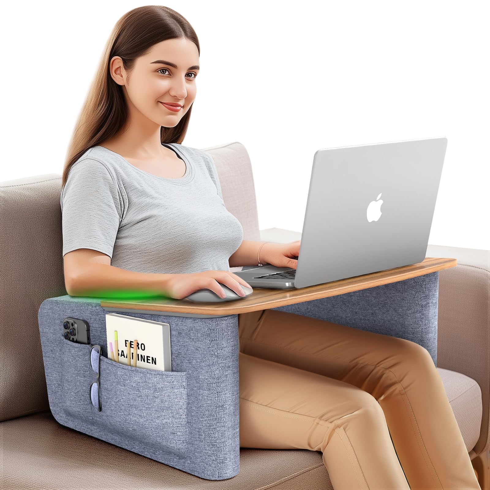 Lap Desk Pillow with Wooden Top, Large Reading Pillow for Bed, Laptop Desk for Couch, Gray