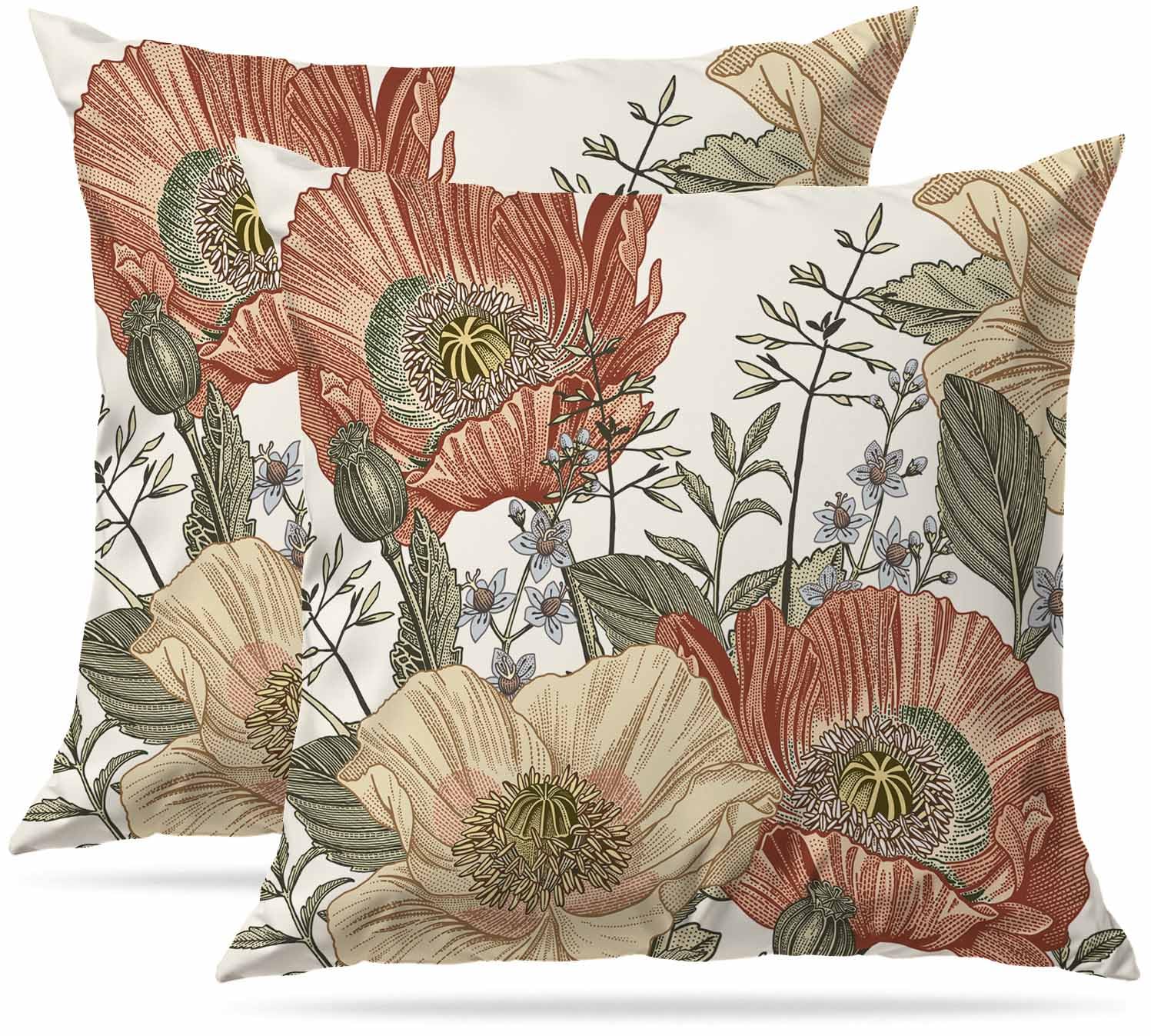 Zovinex Vintage Flowers Set Of 2 Pack Cushion Covers Soft Short Plush Throw Pillow Cover Home Pillow Case Pillowcases For Tent Park Bed Sofa Chair Bedroom Decorative Balcony 40X40cm 16X16inch