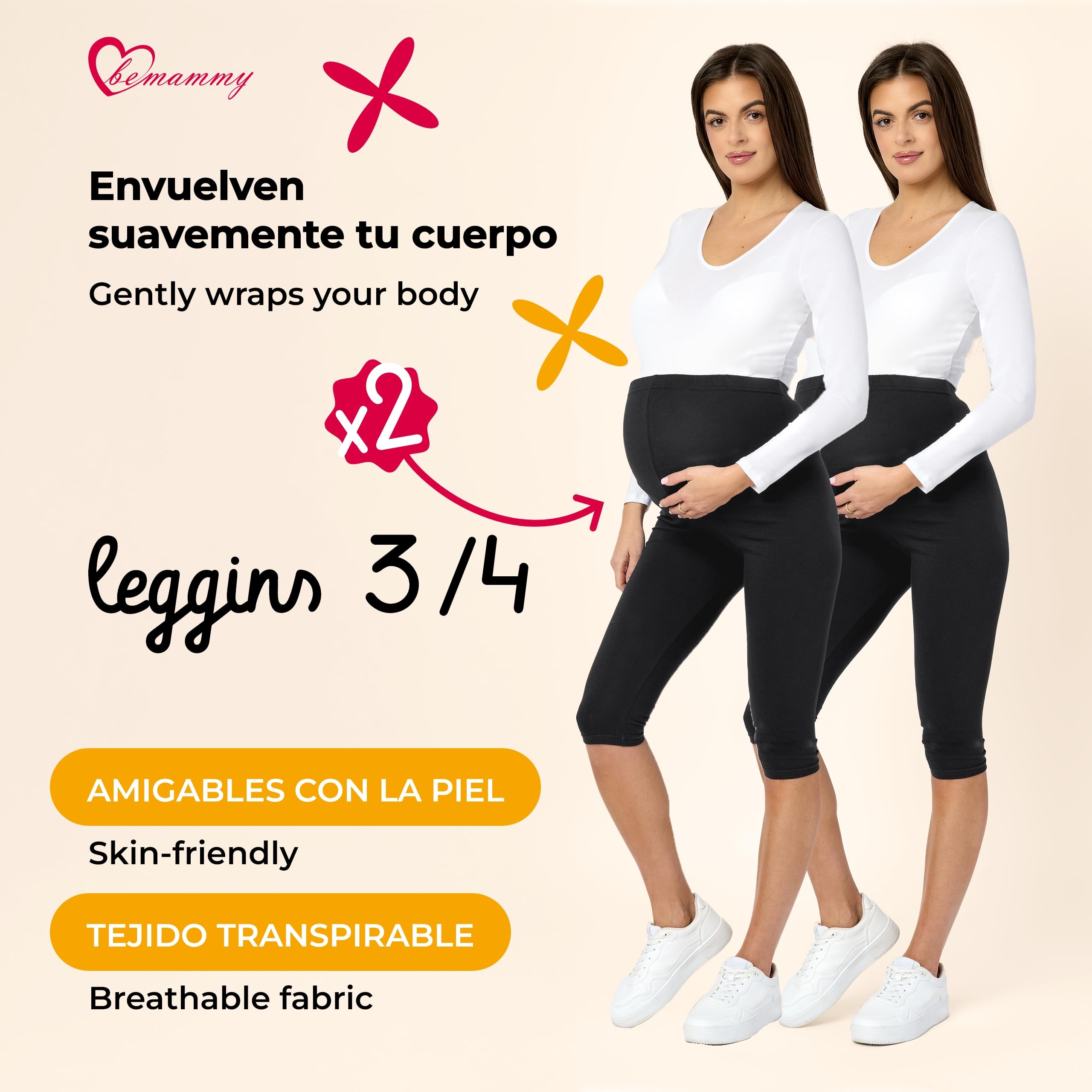 Be Mammy Leggins Premamá 3/4 2 Pack BE20-229 | Pack de 2 mallas capri premamá suaves, elásticas y cómodas para embarazo