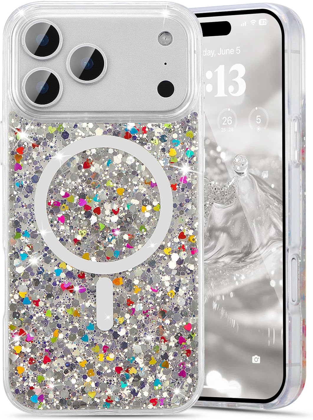 UEEBAI Glitter Case Magnetic for iPhone 17 Pro Max Case, Luxury Shiny Bling Sparkly Phone Cover Compatible with MagSafe, Wireless Charge Crystal Diamonds Shiny Cover for Women - Clear
