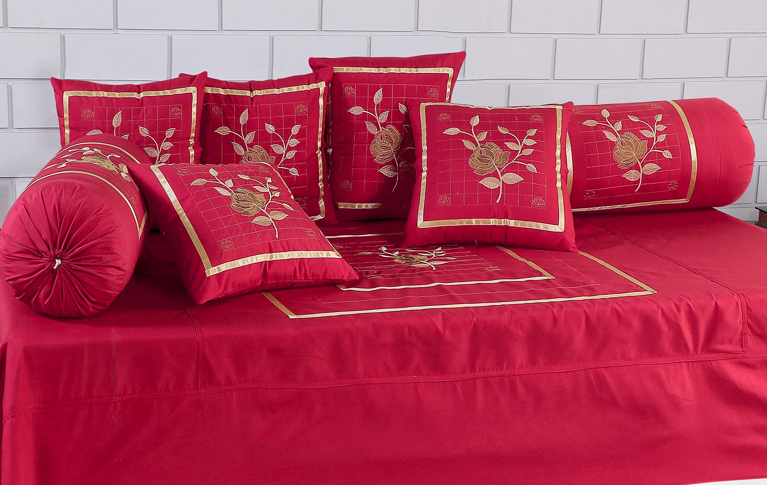 Rj Products Designer Embroidered Cotton Diwan Set - 8 Pcs - Maroon, Standard, Pillow Cover