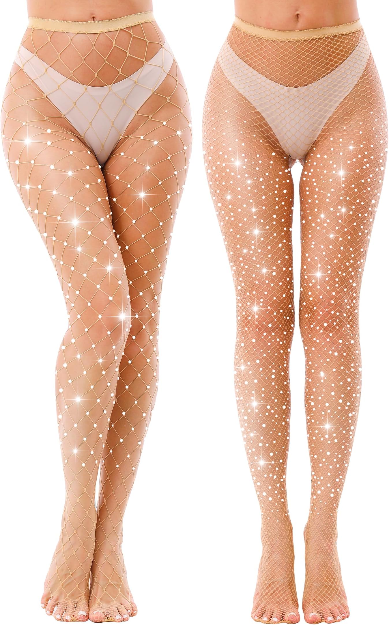 2 Pack Sparkly Large And Medium Mesh Fishnet Tights For Women Glitter Rhinestone Fishnets Stockings