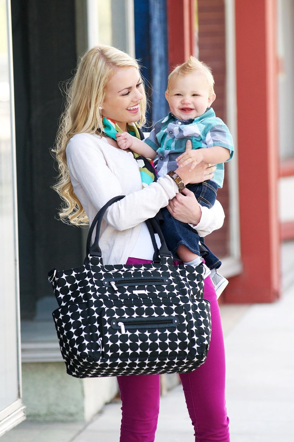 JJ Cole Caprice Diaper Bag, Black with Cream Pattern