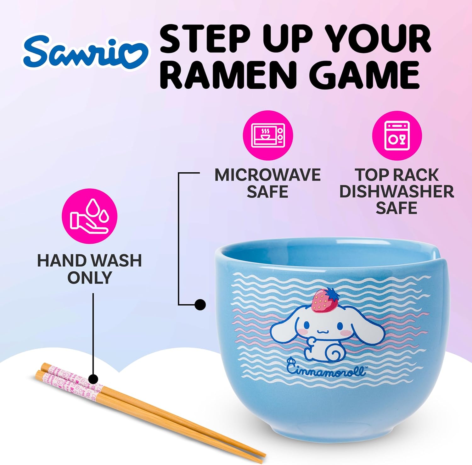 Silver Buffalo Hello Kitty and Friends Cinnamoroll Strawberry Ceramic Ramen Noodle Rice Bowl with Chopsticks, Microwave Safe, 20 Ounces - Image 3