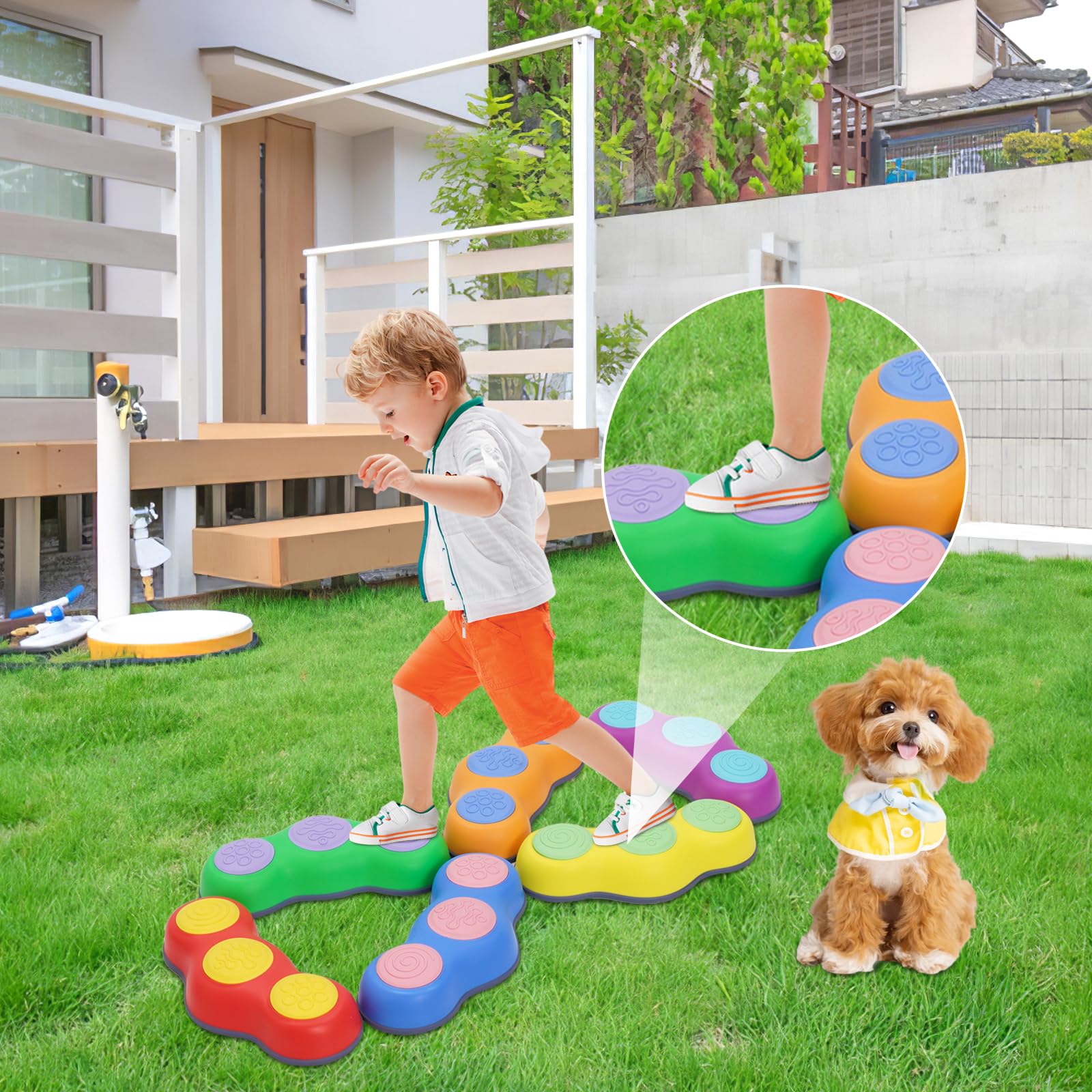 Balanciersteine für Kinder, 6 Stück Rutschfeste Stapelsteine, Sensorisches Spielzeug, Bunte Balance Trittsteine, Erbsenform 30x13x6 cm