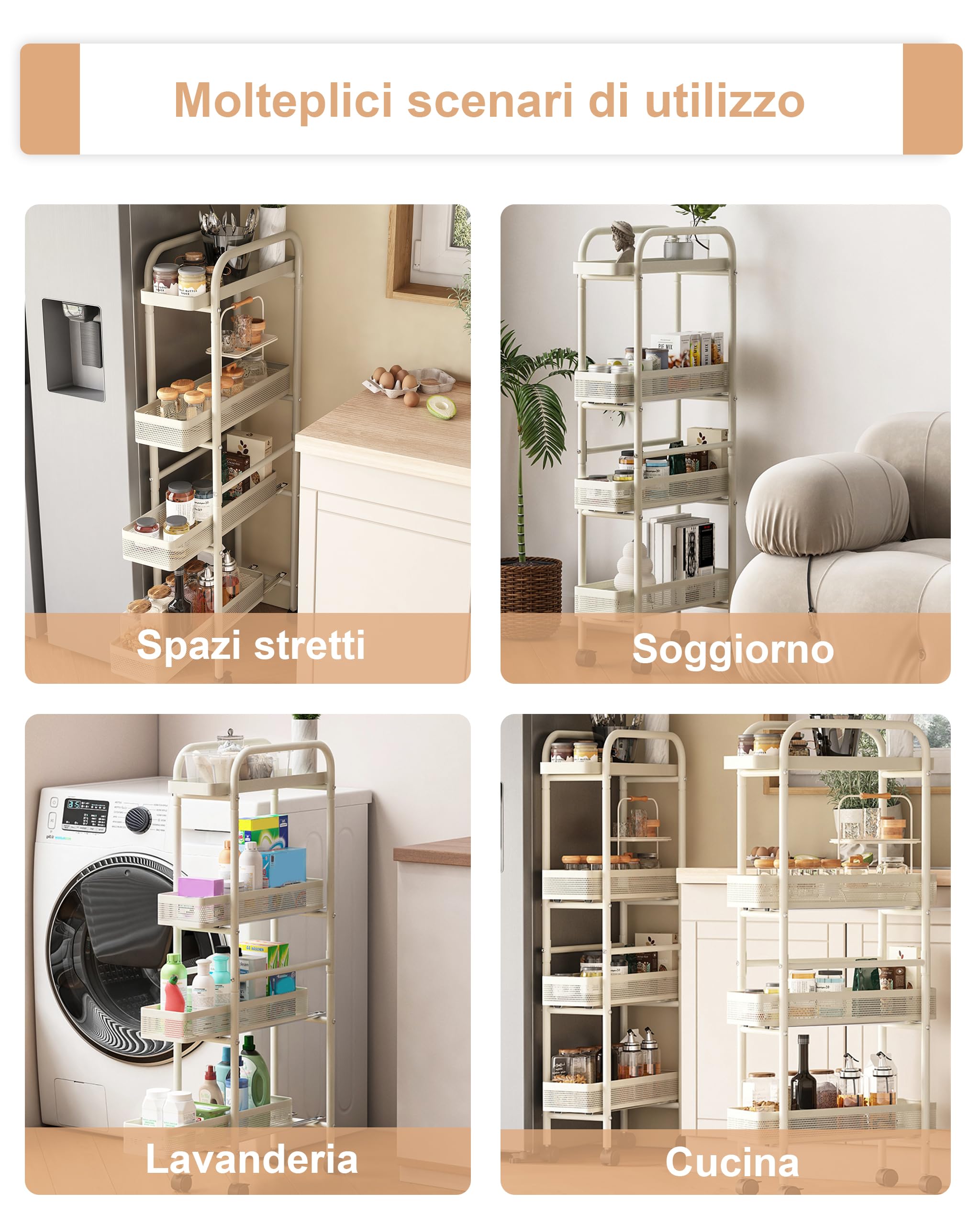 UMDONX Carrello Cucina con Ruote Stretto con Cassetti Estraibili,Bianco | Carrello Cucina Salvaspazio Portaoggetti a 4 Livelli in Metallo,Carrello di Servizio Sottile con Ruote per Cucina Bagno