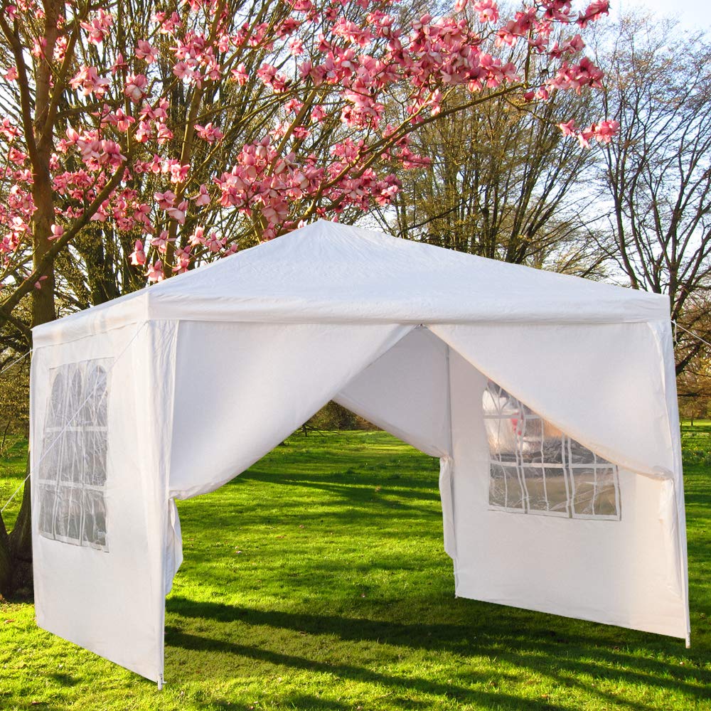 Outopee 3 x 3m Party Tent Gazebo with Sidewall & Windows, Outdoor Gazebo Marquee Garden Wedding Party Tent Waterproof Patio Canopy for Sun Rain Shelter, White(4 Side)