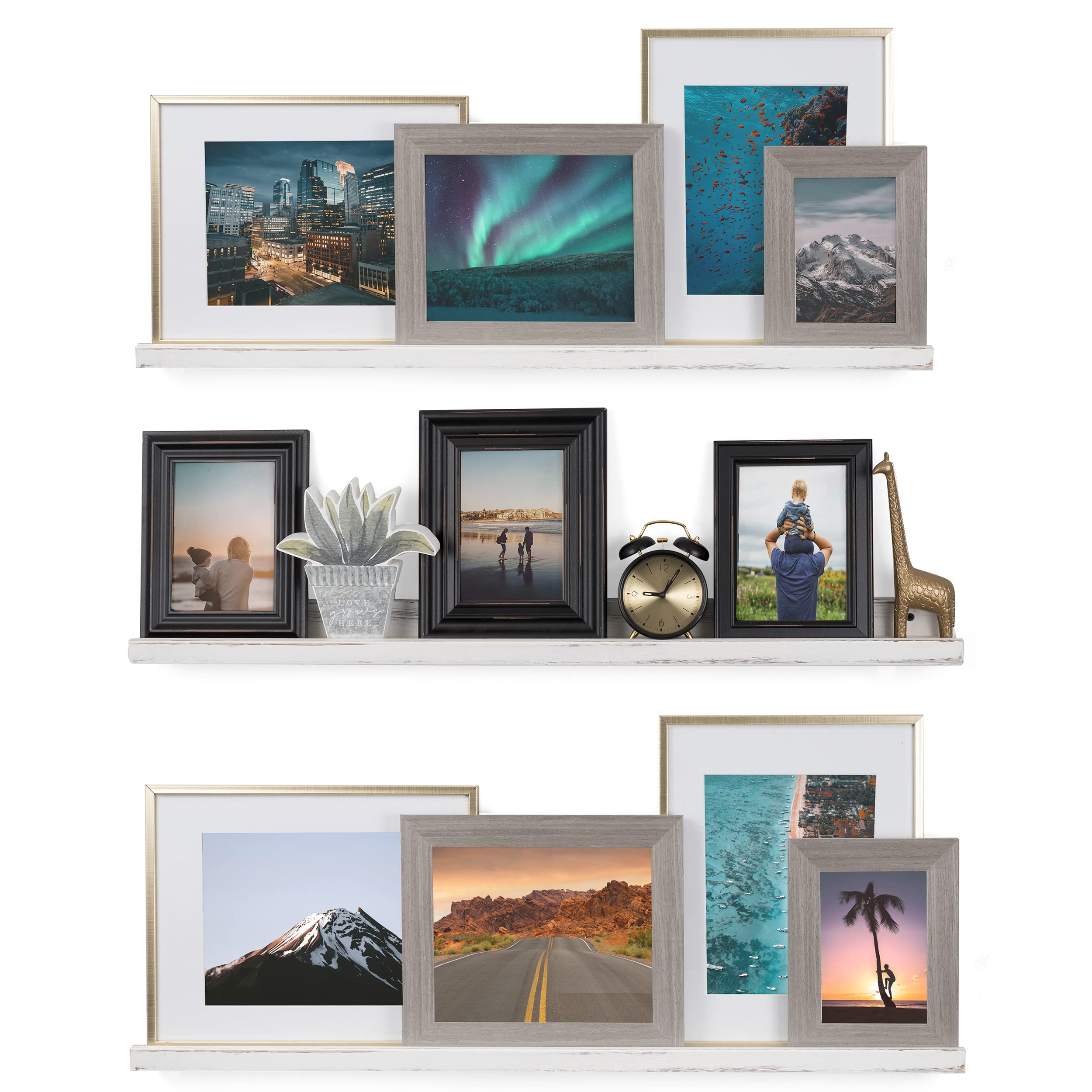 Rustic State Ted Narrow Photo Ledge Floating Shelf Wall Display 36 Inch Burnt White Set of 3