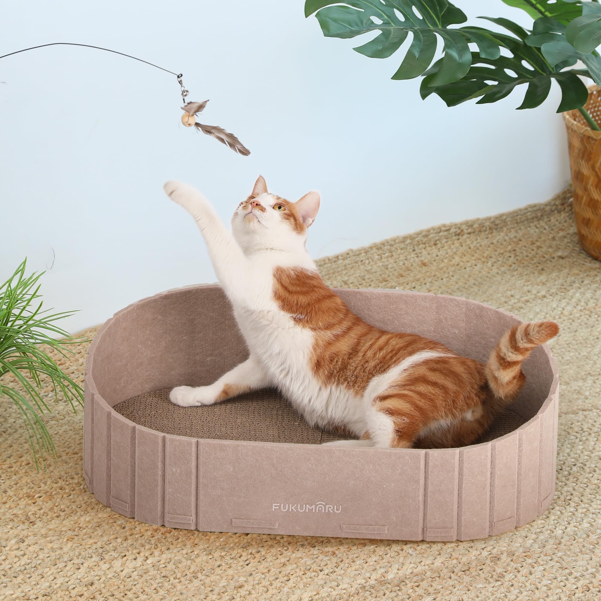 FUKUMARU Griffoir pour Chat, 61 cm de Long en Forme de Canapé, Grattoir Détachable Réversible, Pads de Griffoir Ronds Remplaçables, Lit d'Intérieur, Camel