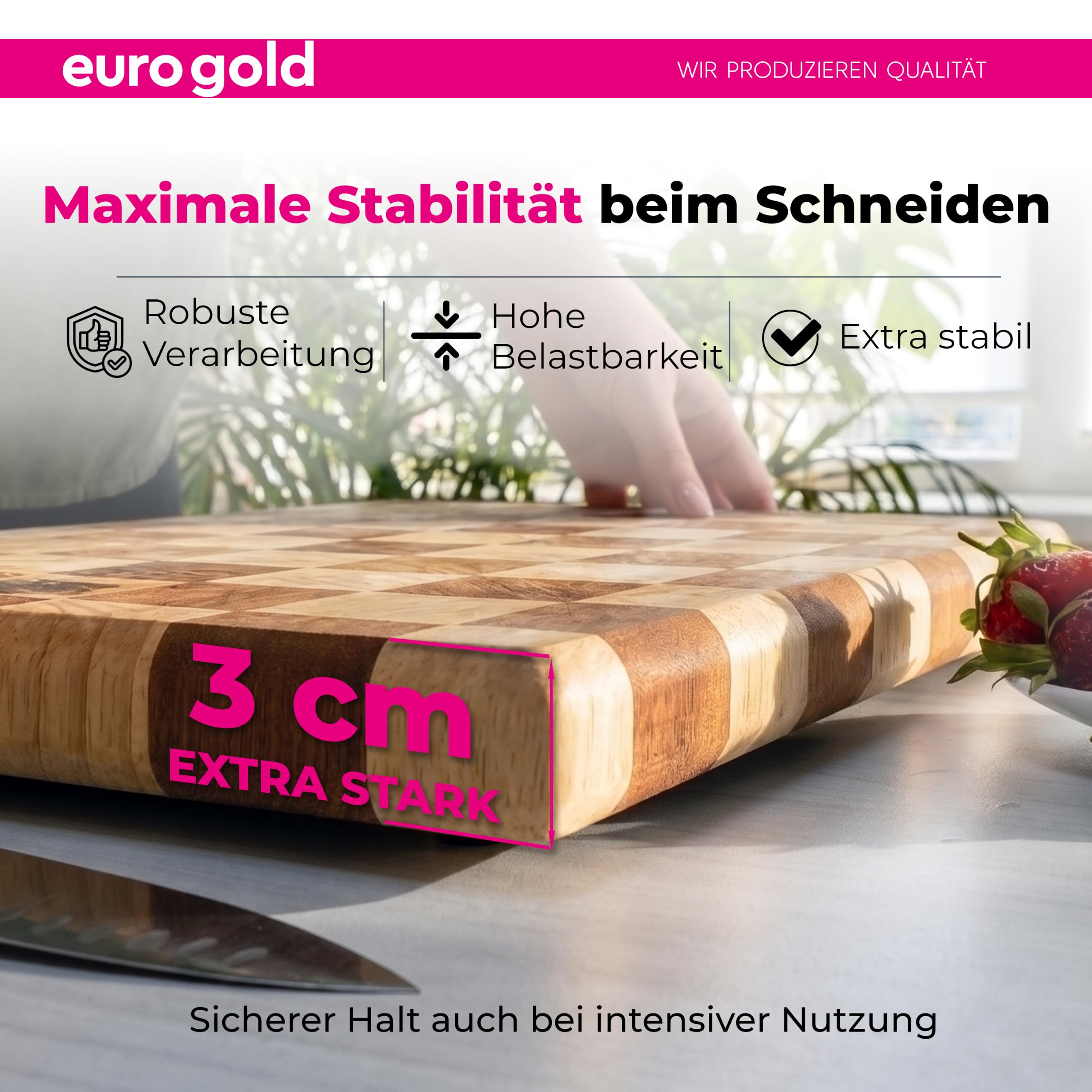 EUROGOLD Schneidebrett aus Gummiholz 40x29x3 cm mit schwarzen Füßen