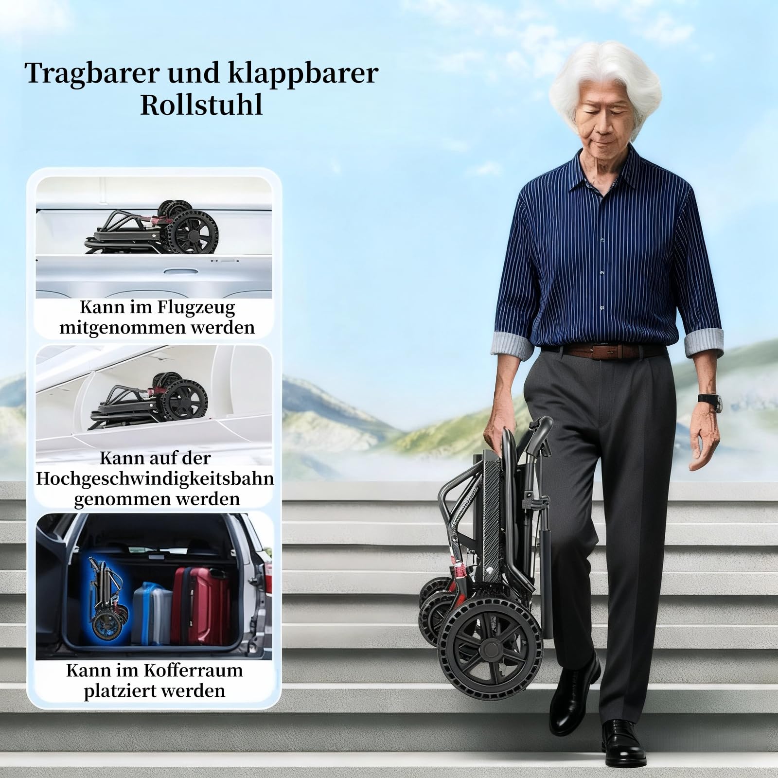 Rollstuhl Faltbar Leicht, Rollstuhl mit Teleskopgriff und Fußstützen, Tragbarer Transportrollstühle klappbar mit groß Honeycomb Gelände Reifen, Reiserollstuhl Geeignet für Ältere Menschen