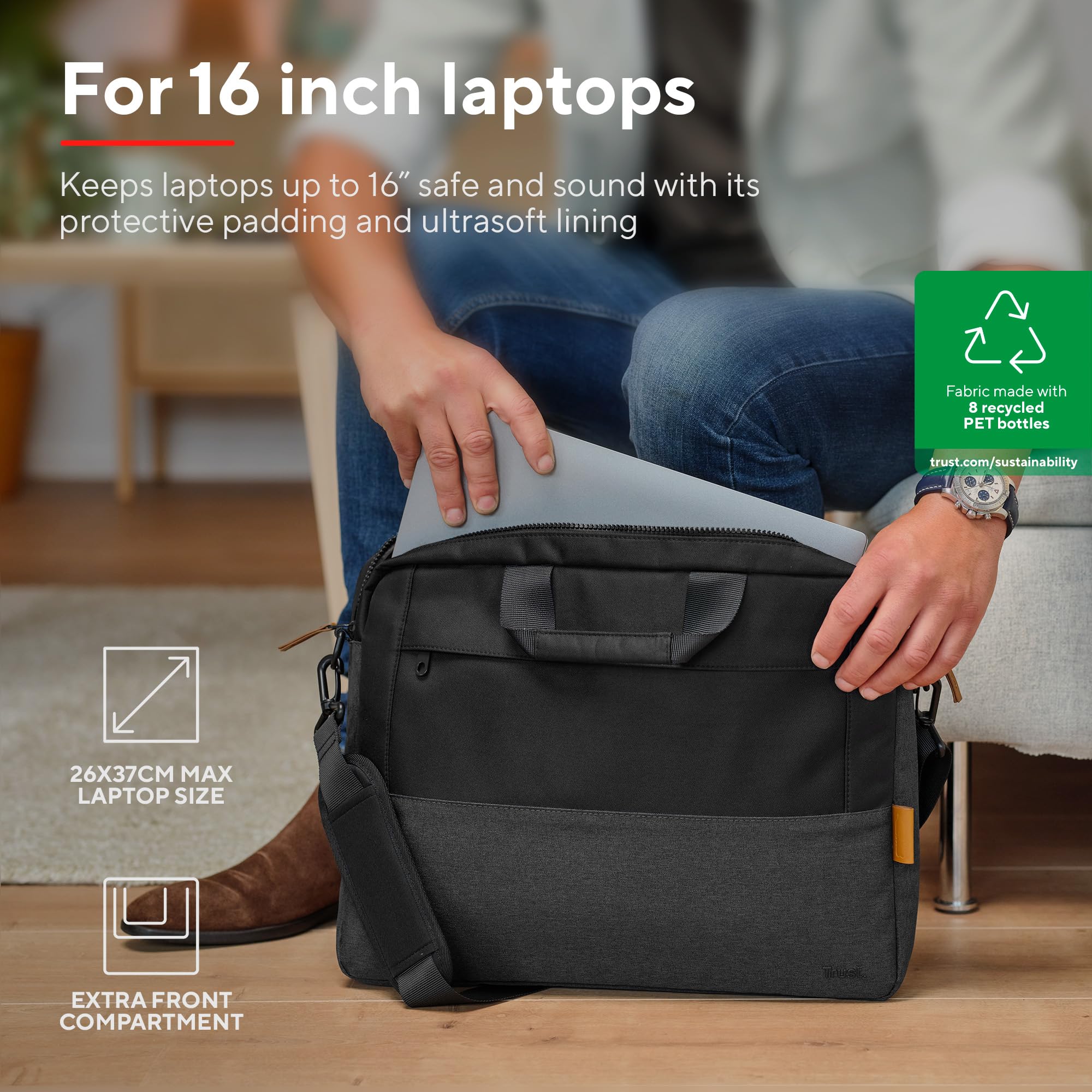 Trust Lisboa Sacoche pour Ordinateur Portable 16 Pouces, Noir