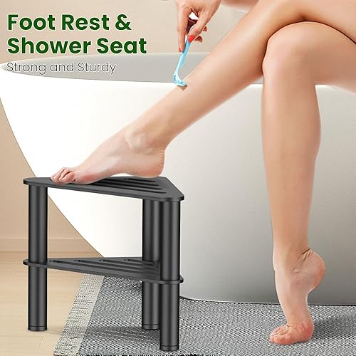Miniatura 5 de Taburete de ducha de esquina de metal para afeitarse las piernas, taburete de ducha con estante de almacenamiento, taburete y reposapiés, asiento de