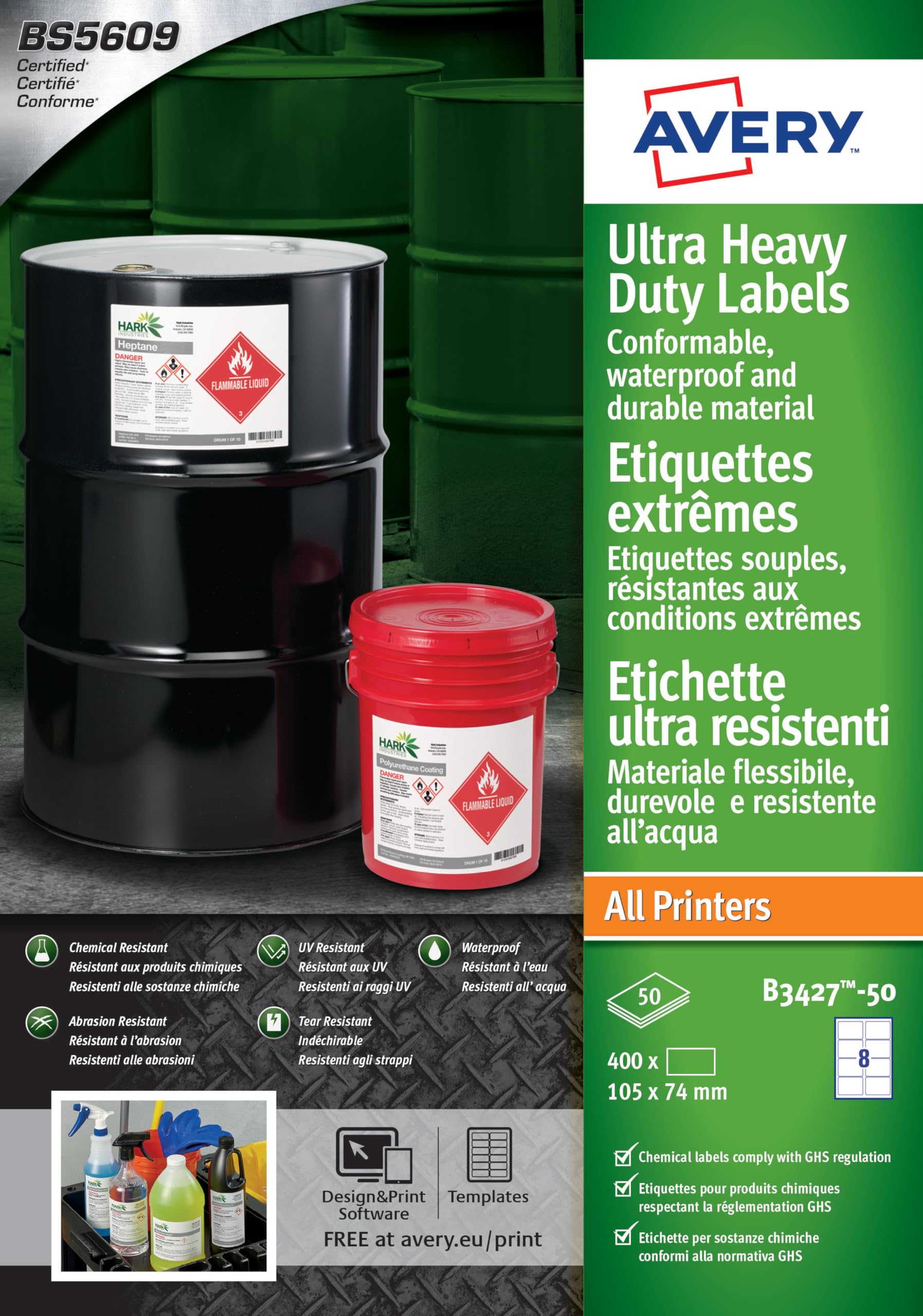 Avery Étiquettes Ultra-Résistantes Polyéthylène - 400 Étiquettes Autocollantes 105 x 74 mm - Compatible Imprimante Étiquette Autocollante Laser/Jet d'Encre