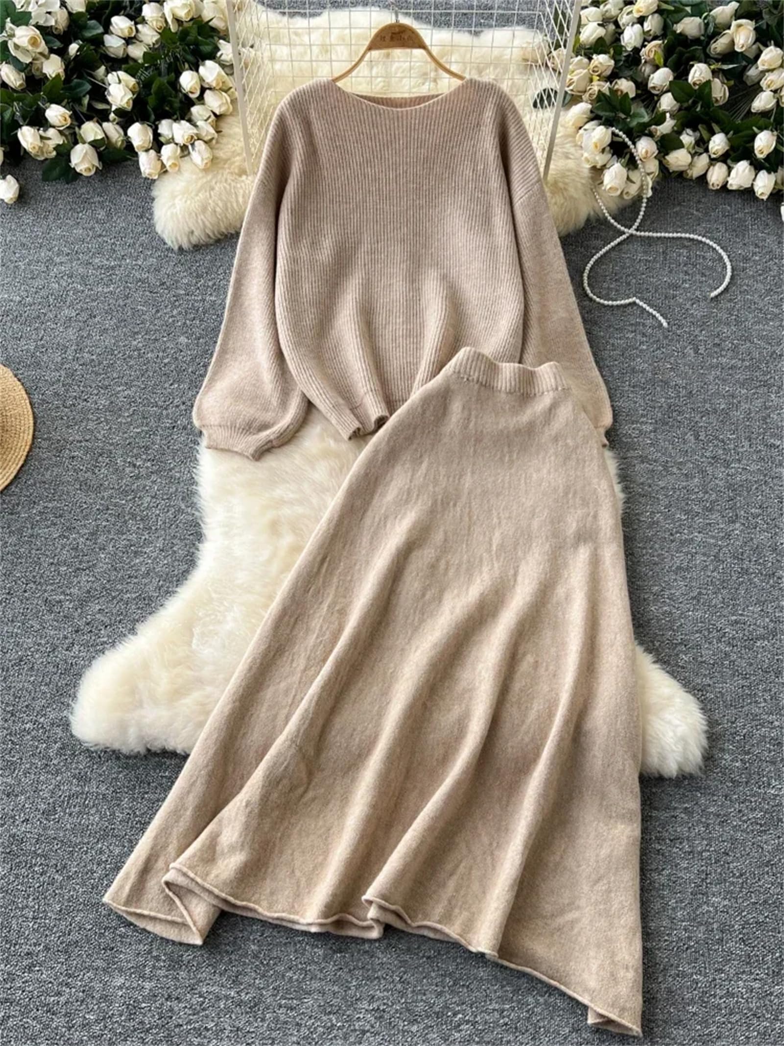 Maglione da donna 2 pezzi set inverno sciolto top + gonna elastica in vita da donna basic gonna abiti casual