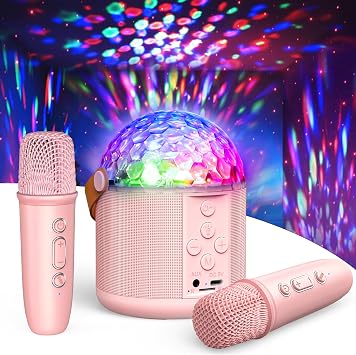 Mini Karaoke Machine for Teens Kids, Birthday Party Gifts Toys for Girl Ages 4 5 6 7 8 9 10 11 12+ Years Old, Portable Bluetooth Speaker with 2 Wireless Microphones and Disco Lights