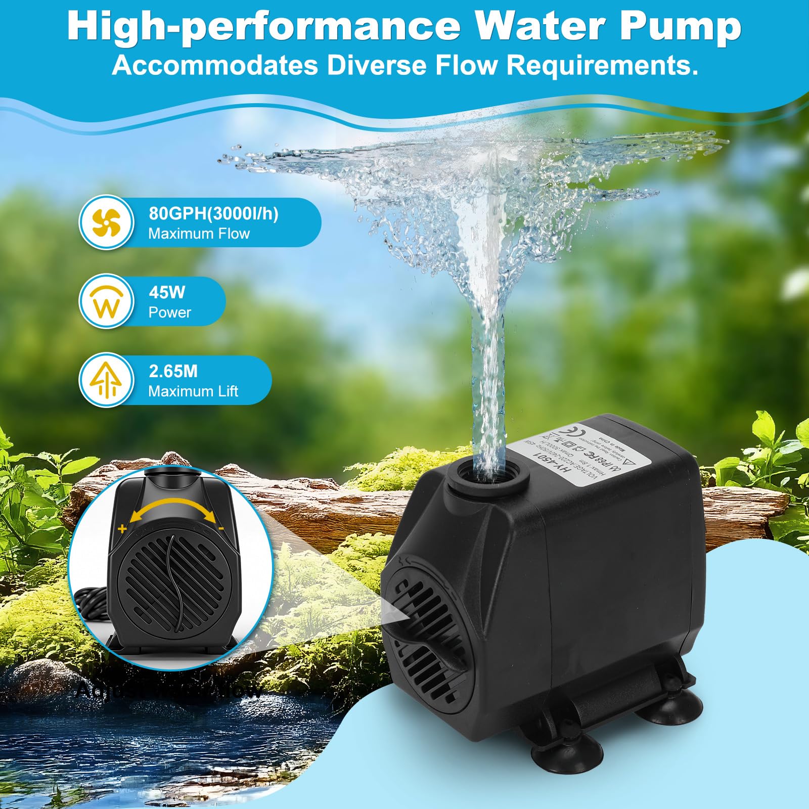 Cascade Bassin Exterieur 30CM Acier Inoxydable Pompe 45W 3000 L/H Kit Jardin
