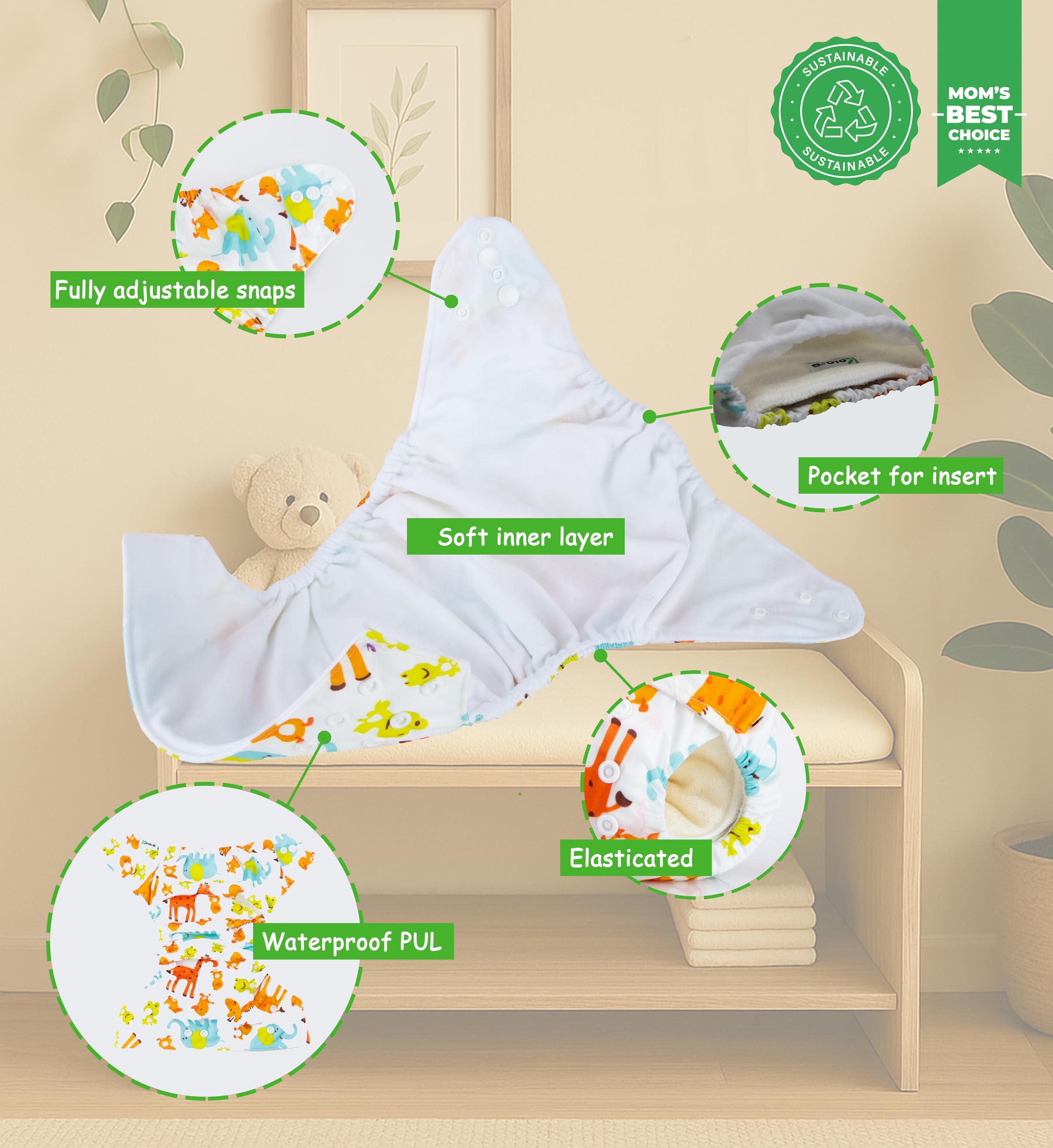 Kolo - Kit de Pañales de Tela para Bebés y Niños: 6 Reutilizables + 6 Insertos de Bambú + 1 Bolsa de Transporte - 100% Ecológicos