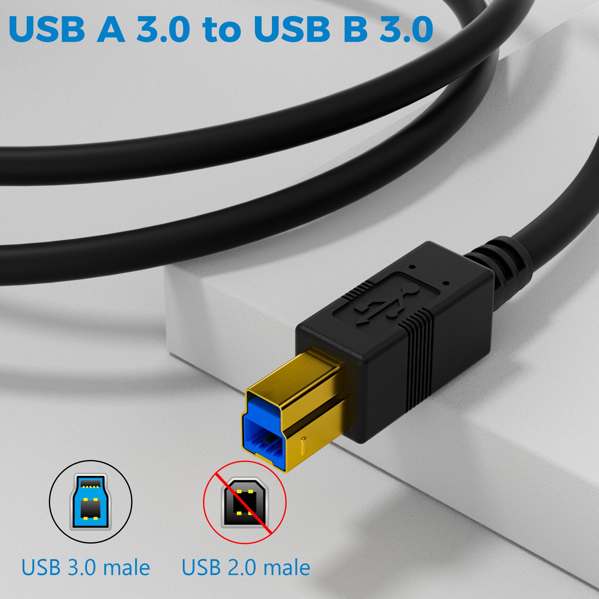 Kabel USB B 3.0 6,1 m, USB A męski na USB B męski 3.0, pozłacane złącza, czarny kabel, kompatybilny ze stacją dokującą, zewnętrznymi dyskami twardymi, skanerami, drukarkami i innymi