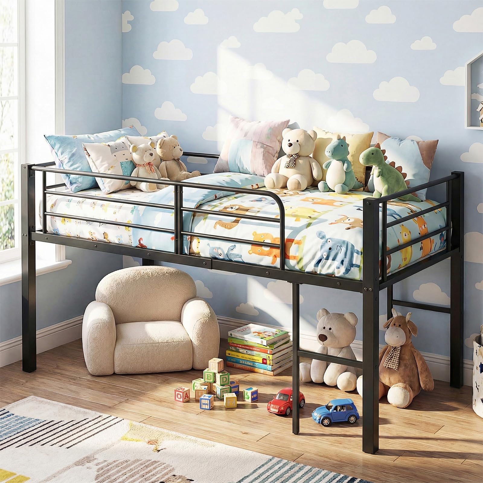 COSTWAY Cama Individual Somier, Estructura Metálica con Barandillas de Seguridad y 2 Escaleras, Listones Metálicos Resistentes para Cama Altillo para Niños, Jóvenes, 198,5 x 96 x 88 cm (Negro)