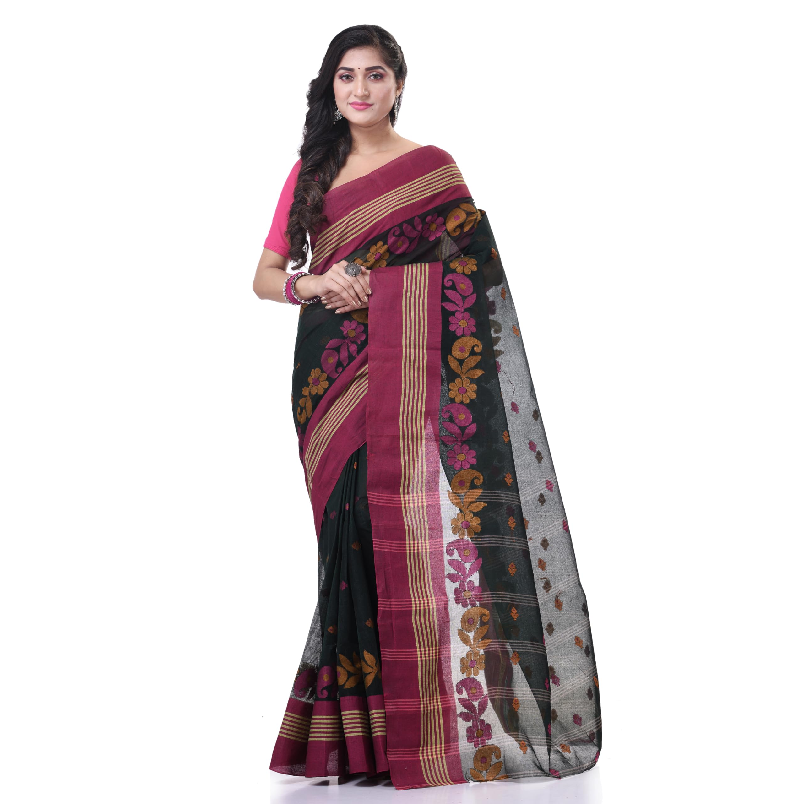 dB DESH BIDESH Women`s Traditional Pure Handloom Cotton Saree Flower Leaf Kolka Woven Design Without Blouse Piece
