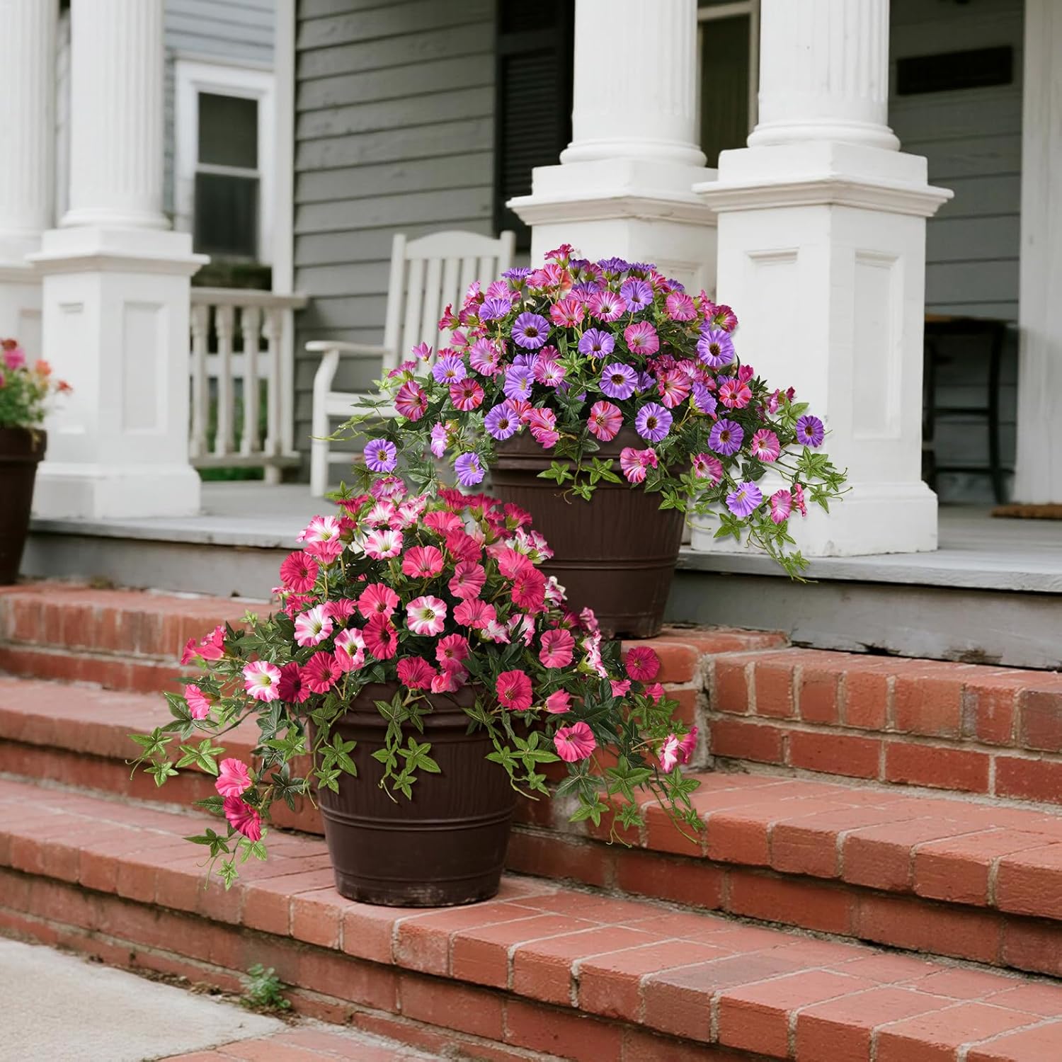 Artificial Fake Flowers Plants for Outdoors Spring Decoration, 2Pcs Faux Petunias with Greenery UV Resistant No Fade, Realistic Silk Flower for Outside Patio Planters Front Porch Window (Rose Red) - Image 5