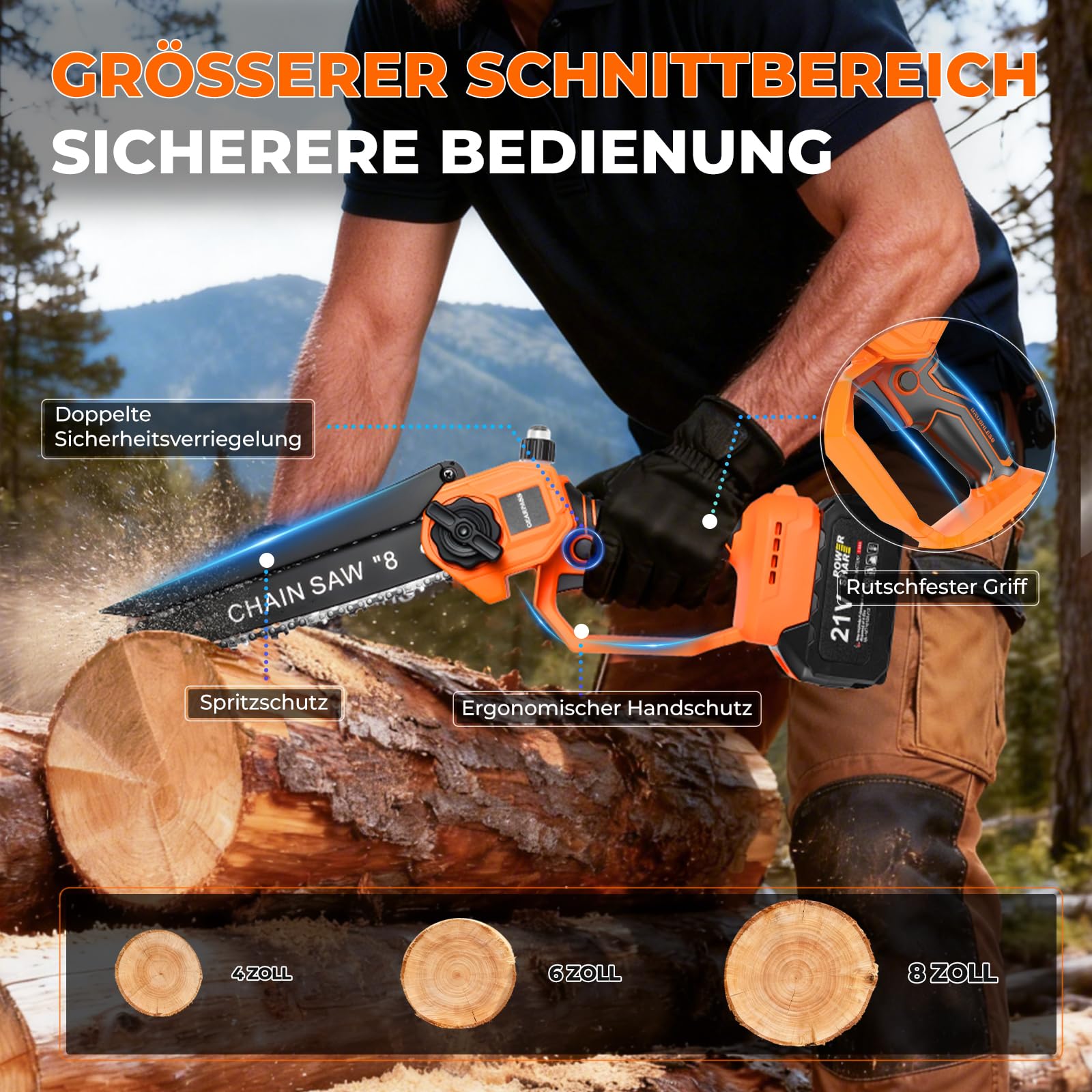 4-in-1 Akku-Hochentaster, 20cm Mini-Kettensäge & elektrische Gartenschere mit bürstenlosem Motor, automatischer Ölung 4,5 m Reichweite, 2 x 21V 4,0 Ah Akkus für Baumschnitt & Holzbearbeitung