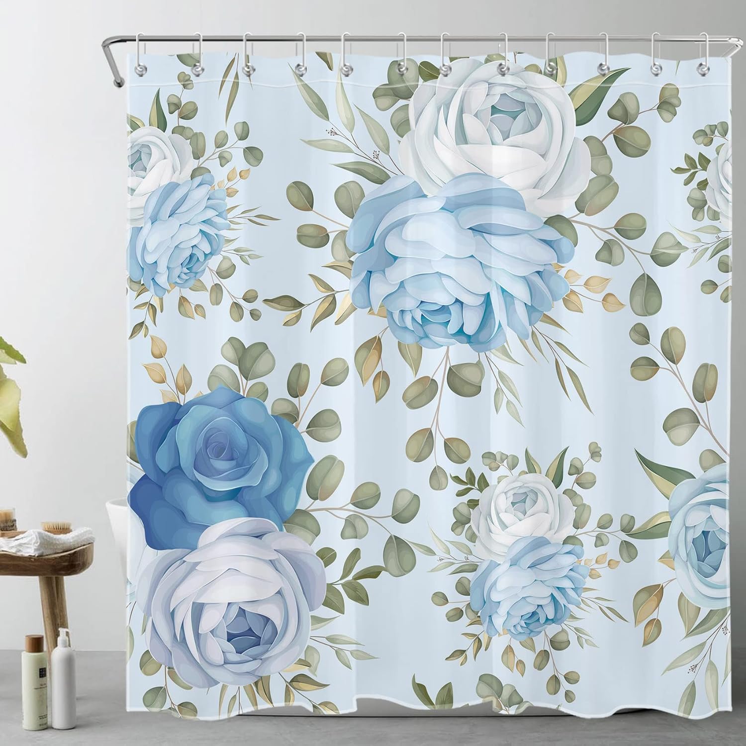 HVEST Floral Shower Curtain with Bathroom Rugs Blue Flower Plant and Green Eucalyptus Leaf Shower Curtain and Bath Mat Bathroom Polyester Fabric Shower Curtain Set, 70X70 inches