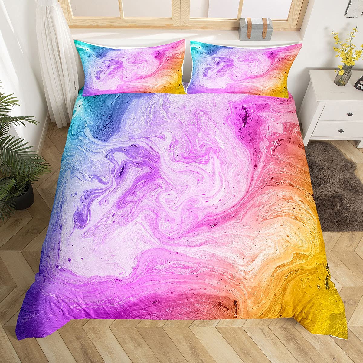 Housse de couette en lin et aquarelle marbre bleu pour très grand lit luxueux