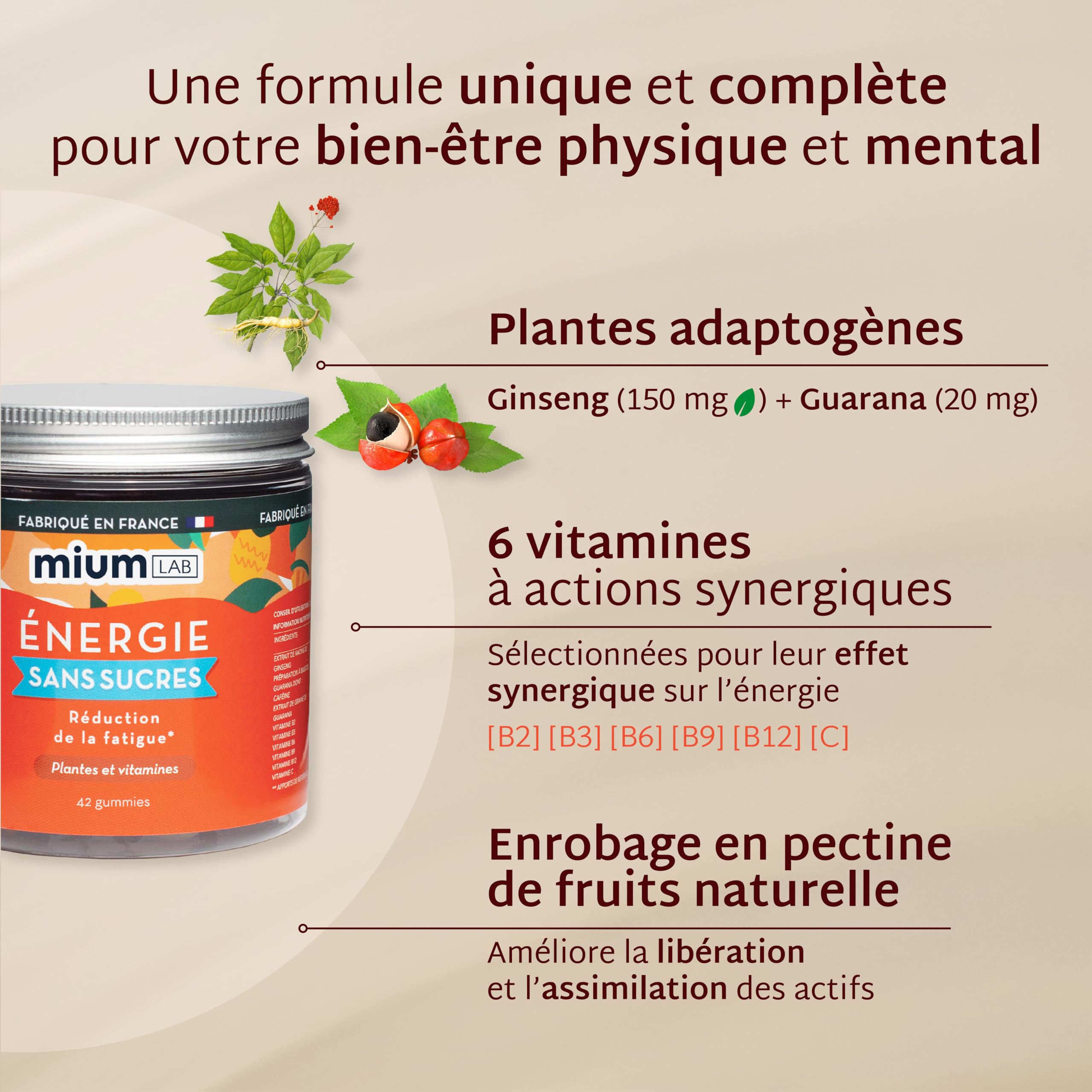Mium Lab - Énergie : Coup de Boost & Réduction de la Fatigue Physique & Mentale - Plantes Adaptogènes (Guarana & Ginseng) Caféine naturellement présente et Vit C - Cure 21 jours - Fabriqué en France