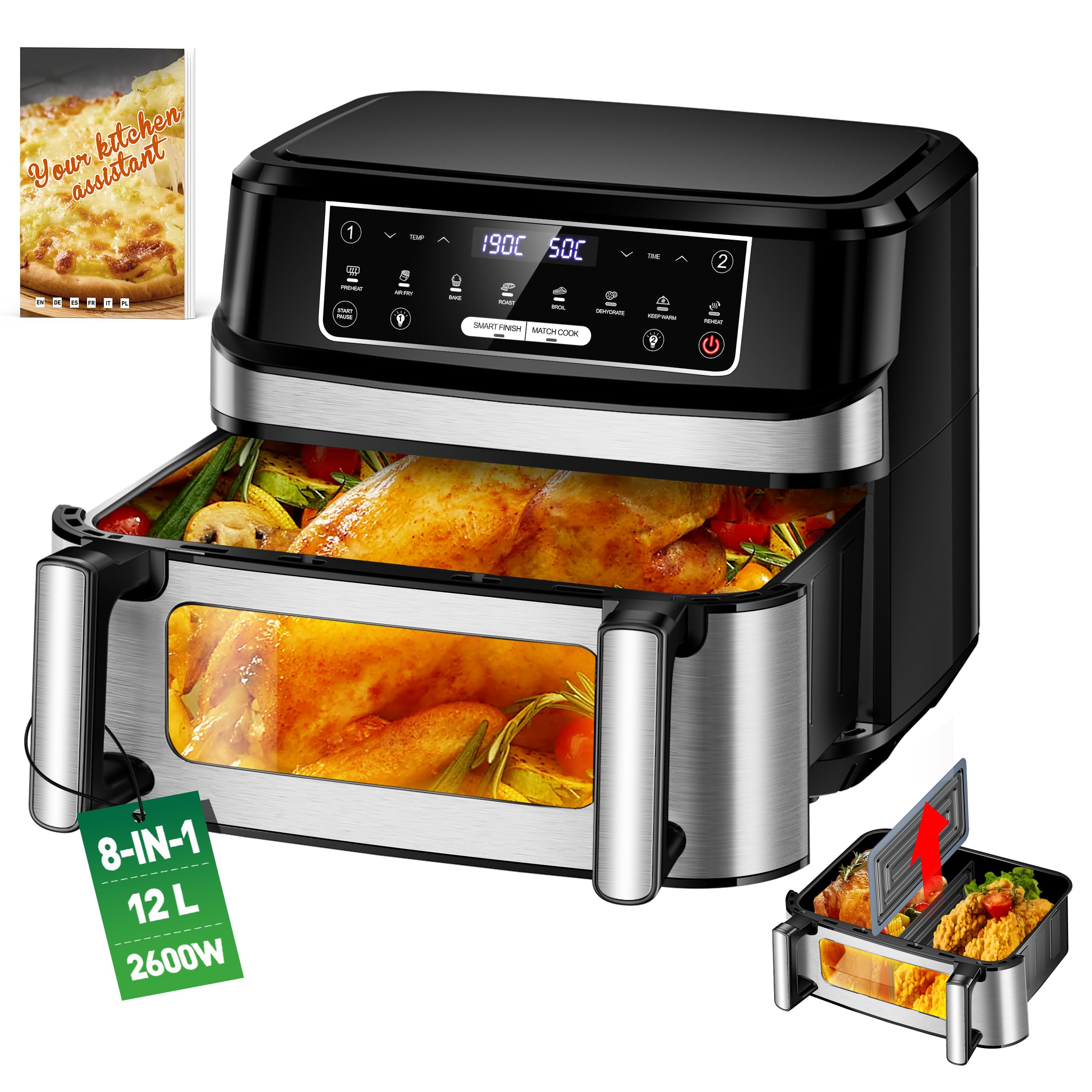 Freidora de Aire Caliente de 2 Cámaras | 12L Airfrey Ajustable una dos Cámaras con Libro de Recetas, Control Independiente Freidora de Aire Caliente de Doble Cámara, Air Frey XXL Temperatura Max 200°C