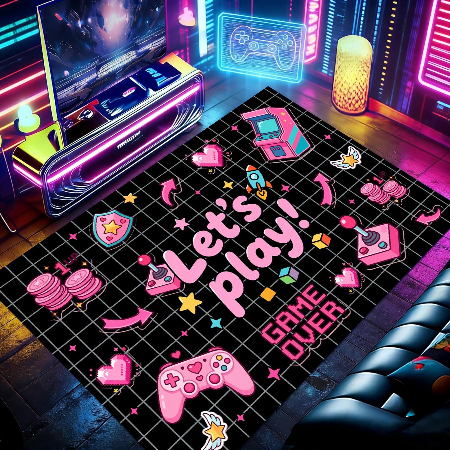 RICAUOU Girls' Room Rug, 60x90cm Cute Pink Gamepad Let's Play! Design Soft, Washable Indoor Floor Mat With Non-Slip Backing, Machine-Washable Rugs for Living Rooms, Bedrooms, Playroom