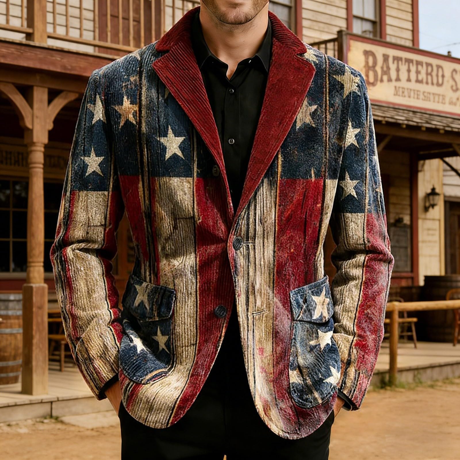 Chaqueta formal de pana de mezclilla resistente para hombre, con diseño estampado occidental, estilo moderno, ropa exterior casual y elegante, para bodas, bailes de graduación