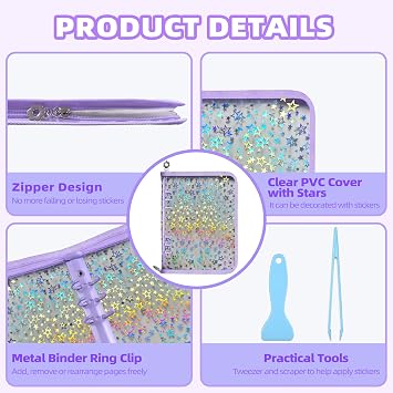 Mlife Sticker Storage Organizer,Sticker Organizer Binder Reusable Sticker Book Collecting Album A5 Sticker Collecting Book Clear Sticker Album Holder with Blank Release Paper, Tweezer & Spatula(Black)