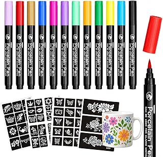 12 Farben Porzellanstifte Spülmaschinenfest mit 57 Schablonenmotive – Keramik Bemalen Set, Porzellanfarbe Spülmaschinenfest für Glas, Keramik & DIY, Glasmalstifte Wasserfest