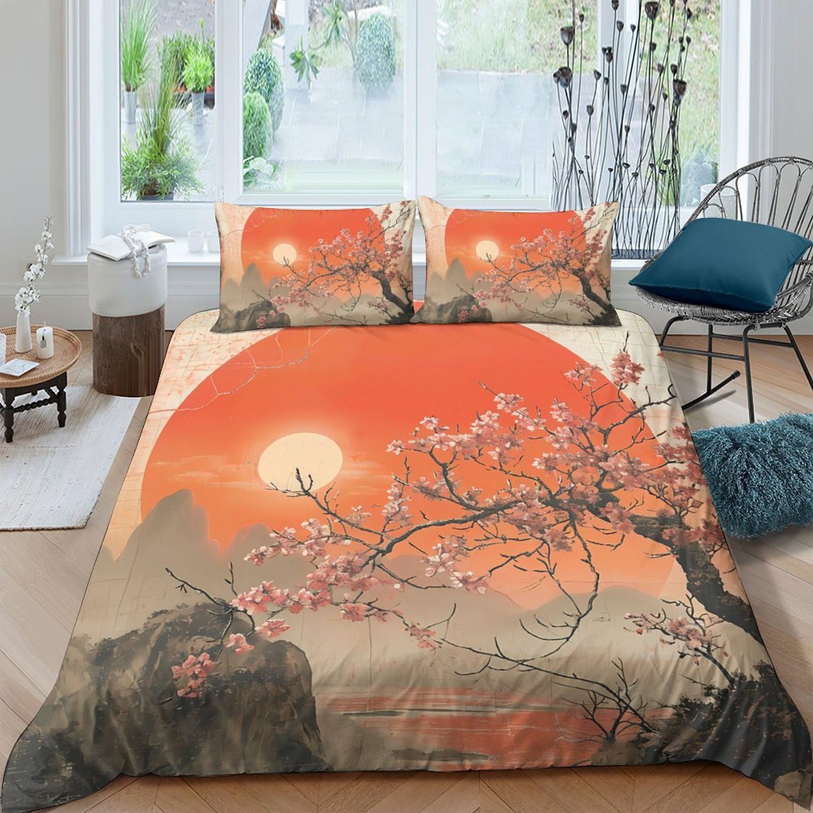 Ctjqhvkz Style-2 3D Printed Sunset Cherry Blossom Fitted Sheet Microfiber Soft Bed Cover For Bedroom Dorm Guest Room Decor Single（135X200cm）