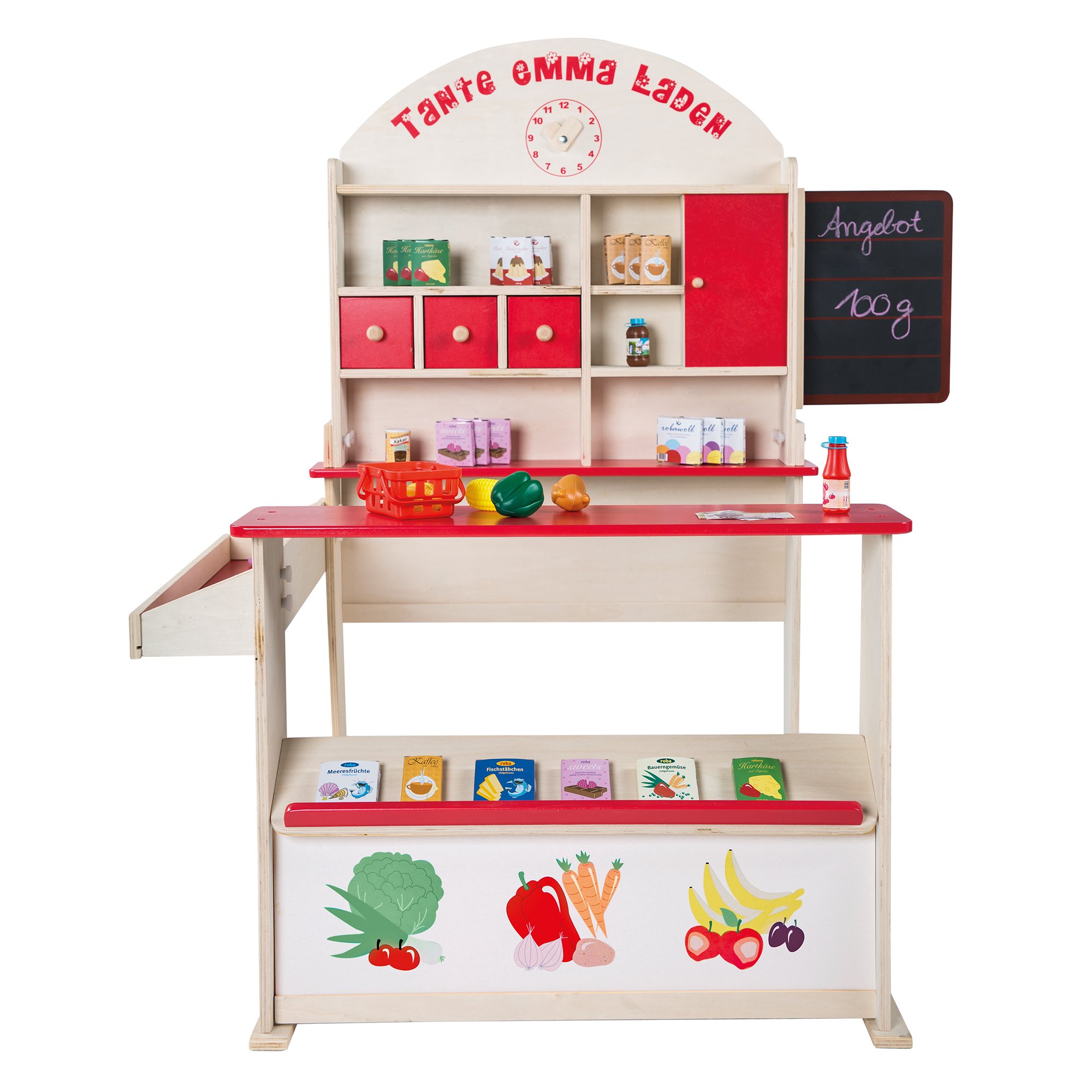 roba Marchande Enfants Tante Emma avec + de 100 Pièces d'Accessoires - une Vraie Caisse Enregistreuse et Haut parleur - Horloge et Tableau à Craie - Rouge / Naturel