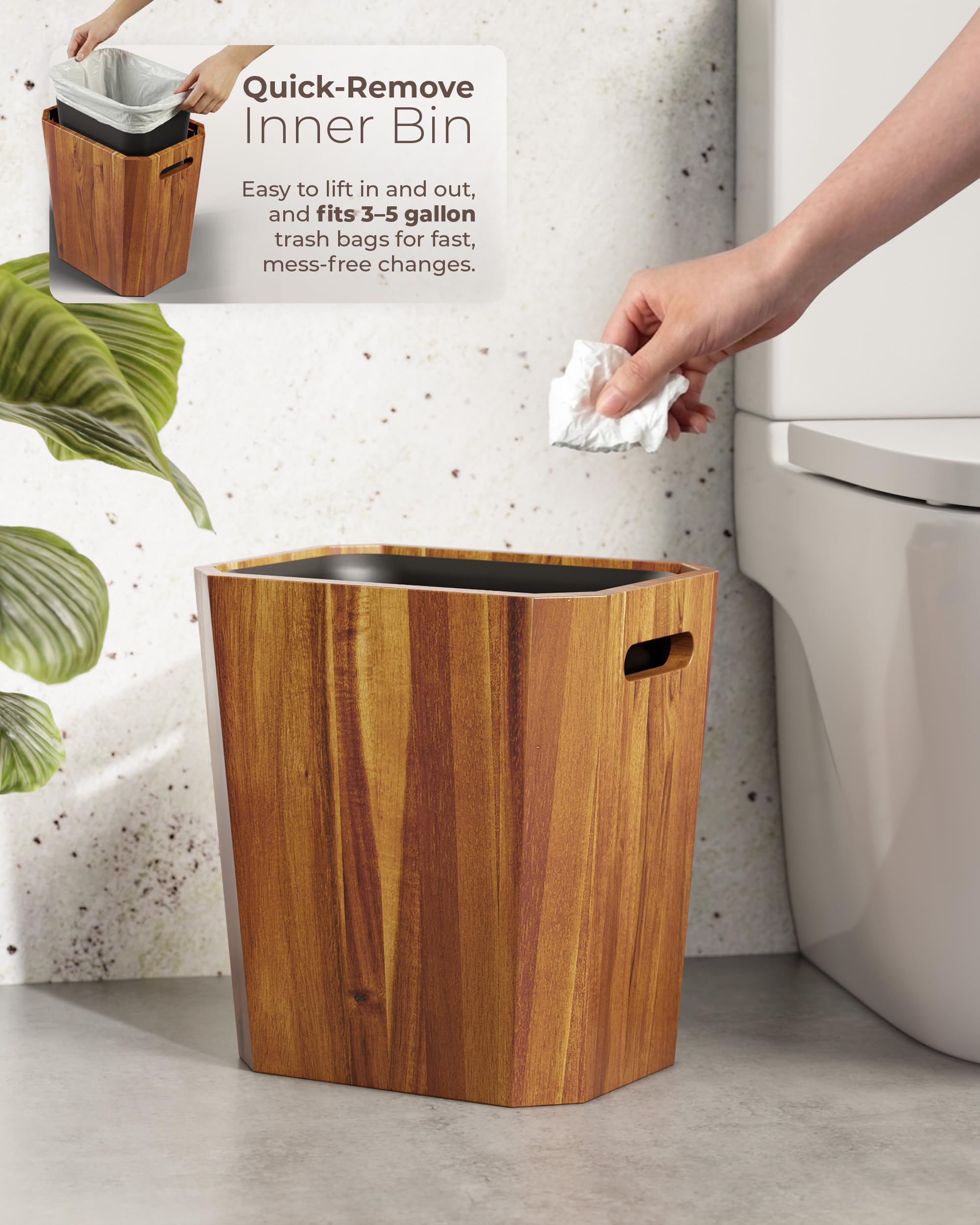 BLUEWEST 2.6 Gallons Acacia Wooden Wastebasket with Lid & Plastic