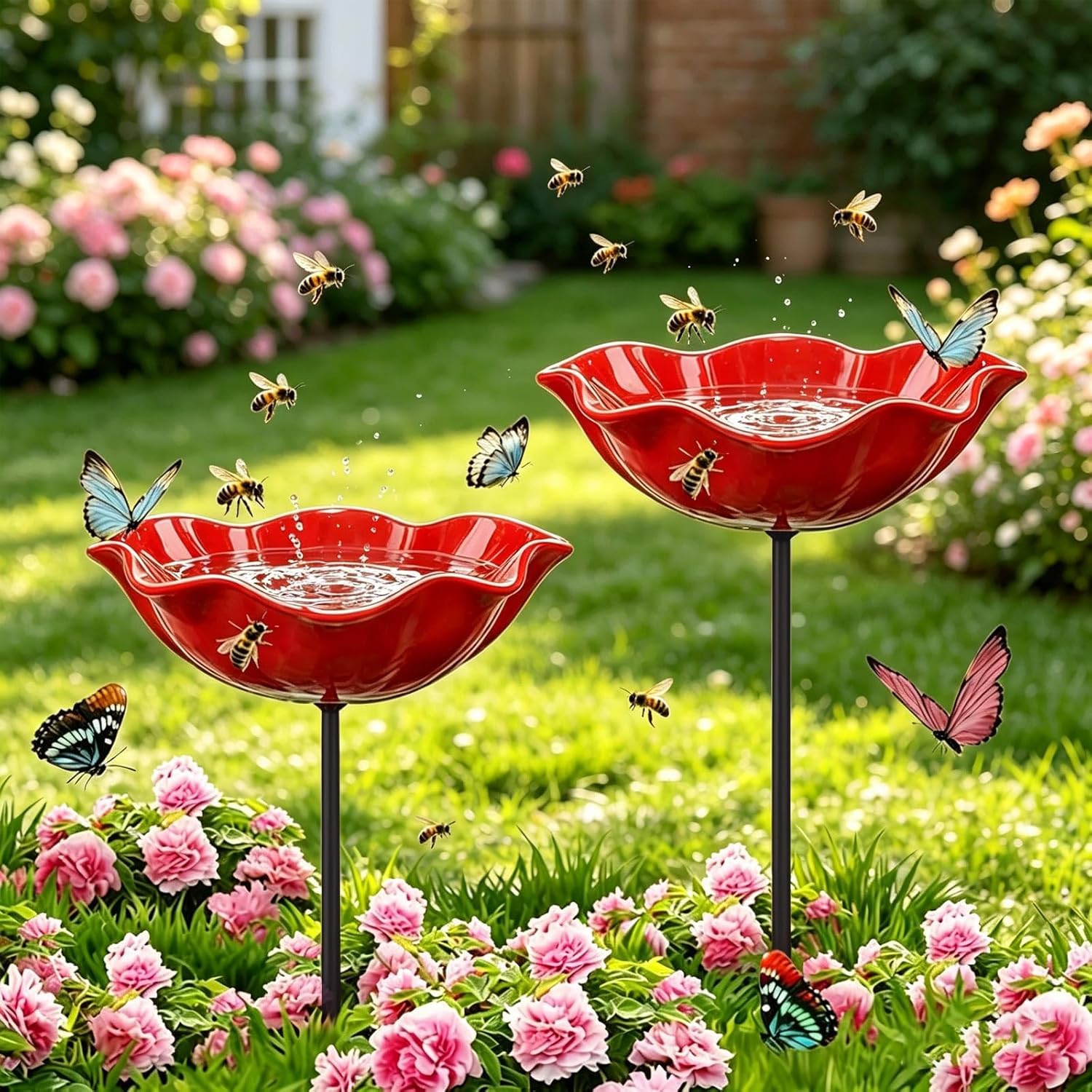 2 Stuick Bienentränke Blume für den Garten, Insektentränke Gartendekoration, Metall Gartenstecker für Rasen, Vogeltränke Blume, Dekorative Fütterschale für Vögel und Bienen
