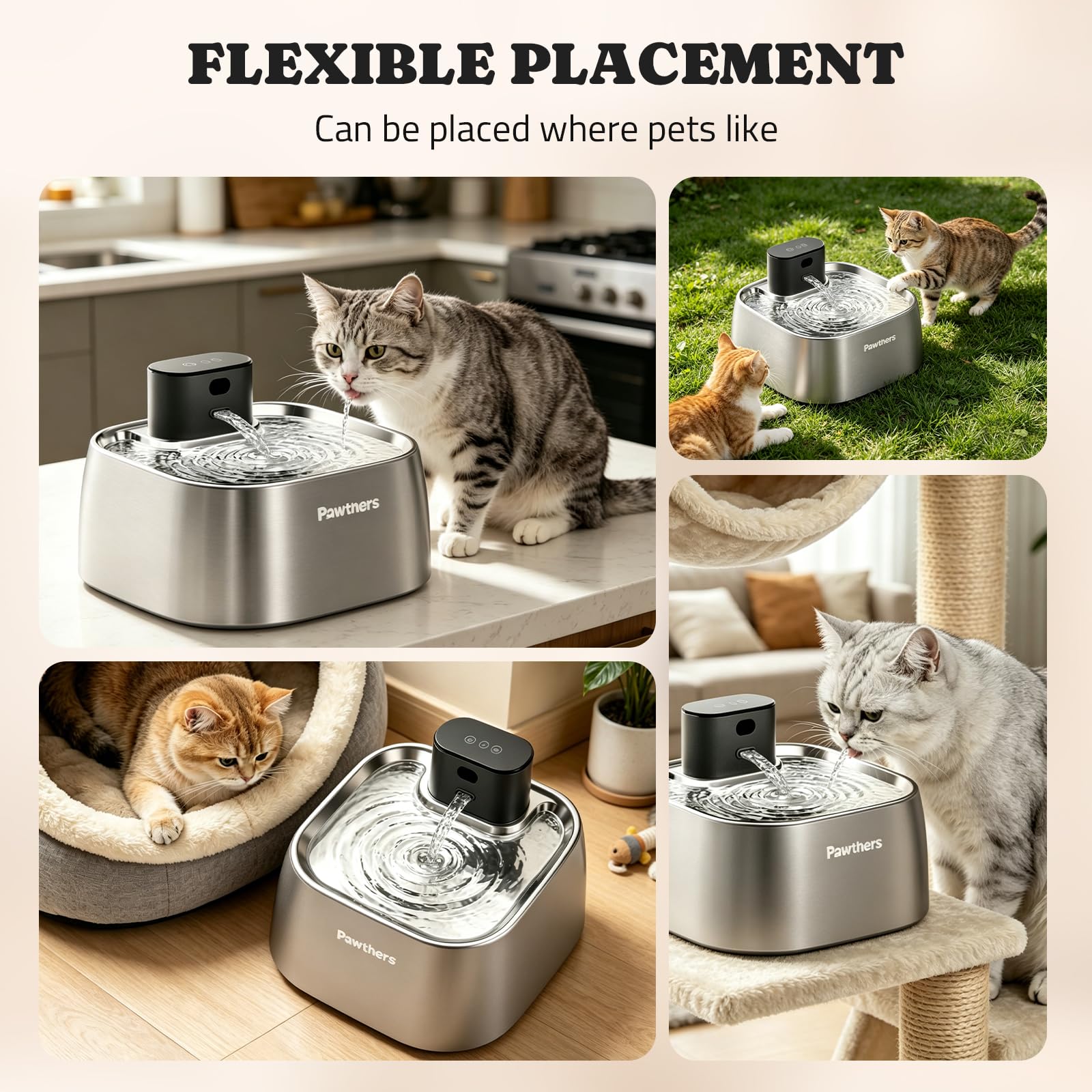 Pawtners, Fontana per gatti senza pompa, in acciaio inox, dispenser automatico di acqua senza fili, 3,2 l, con indicatore intelligente e sensore di movimento a 150°
