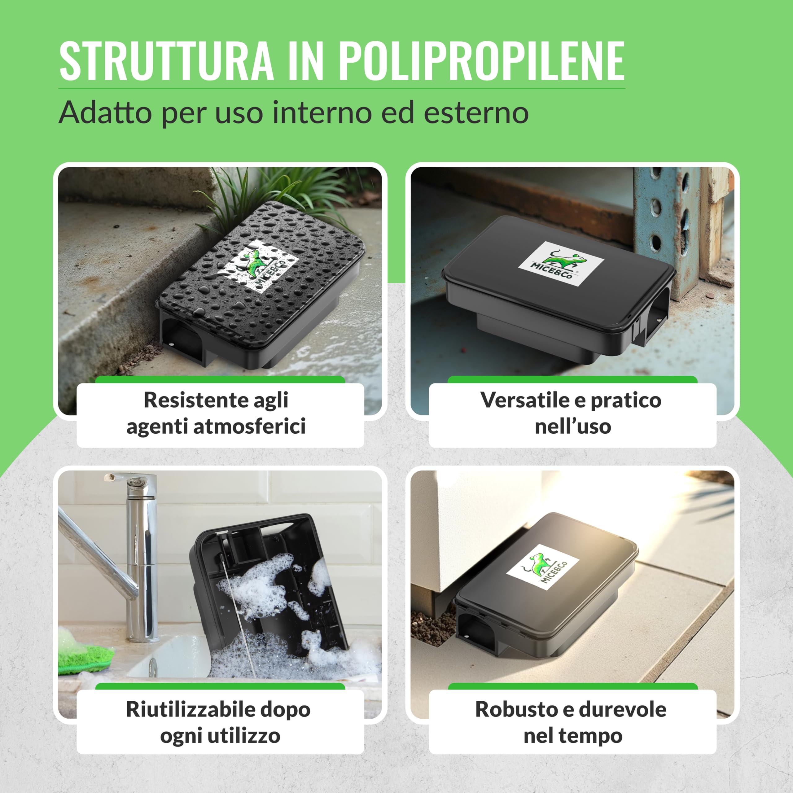 Mice&Co 4X Trappole per Ratti e Topi Professionali e Efficaci – Scatola per Esche Topicida Anti-manomissione – Stazione di Esca Sicura per Bambini e Animali – Interno/Esterno