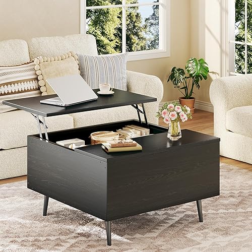HUAHUU Mesa auxiliar elevable, cuadrada de 31.5 pulgadas, con almacenamiento, mesa de centro con compartimento oculto grande, mesa central con mesa