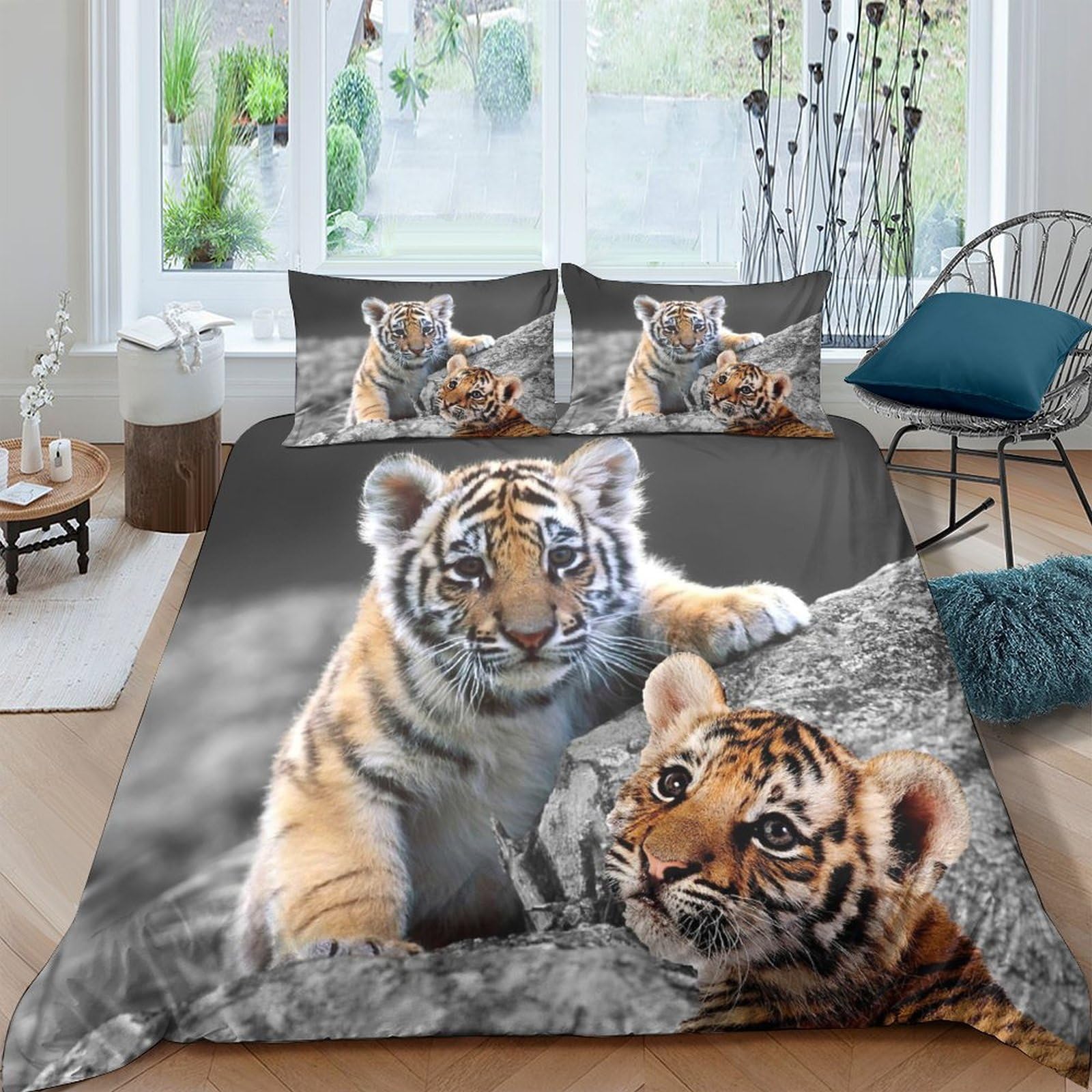 Ctjqhvkz Style-10 3D Printed Tiger Cubs Fitted Sheet Microfiber Soft Grey Animal Pattern Mattress Cover For Bedroom Dorm Decor Single（135X200cm）